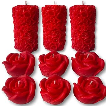 Scentz London Scented Floating Rose Candles & Scented Rose Pillar Candle | Premium Soy Wax Blend | Rose Fragrance | 6 Rose | 3 Pillar