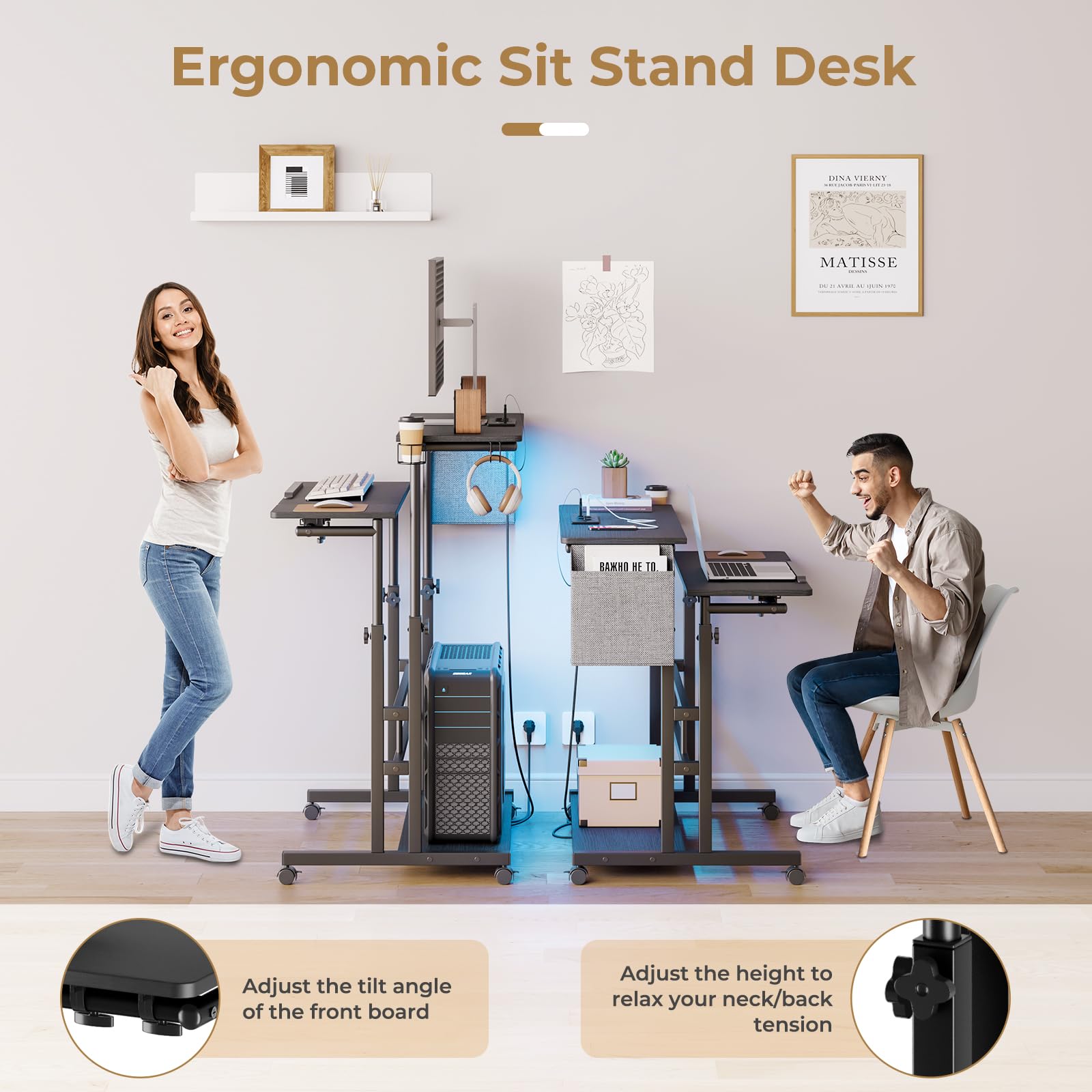 Bureau Debout Dripex Réglable 60x60cm - Table Ergonomique Avec Roulettes Et Plateau Inclinable