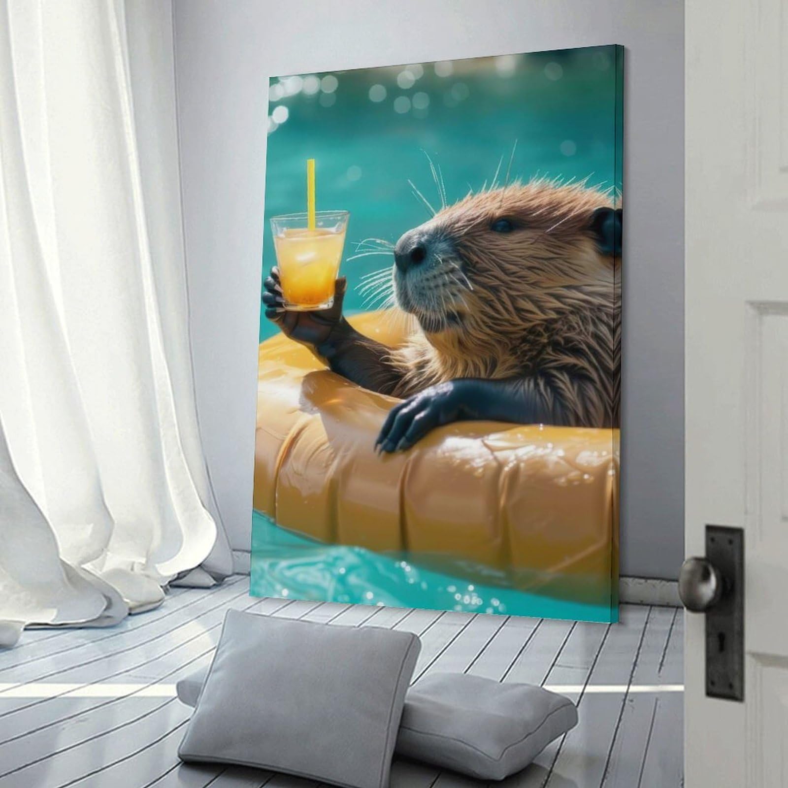 Junmoney Frame-Style-21 Beaver Relaxing With Drink In Pool Wall Decor Canvas Print, 24X36inch(60X90cm), For Lounge, Bedroom Or Personal Spaces, Thoughtful Wall Decor For Art Lovers