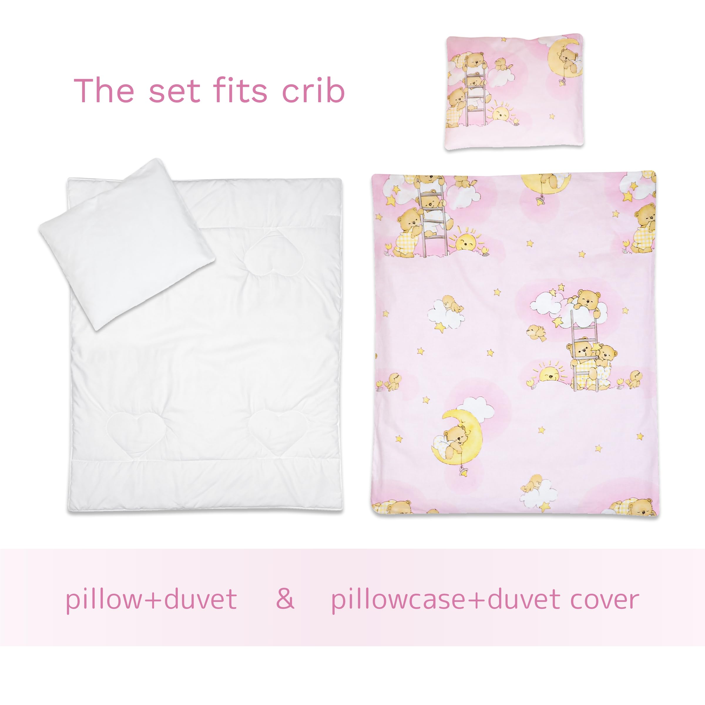 The Baby Comfort 4-piece bedding set offers breathable cotton covers and all-season comfort for toddlers.