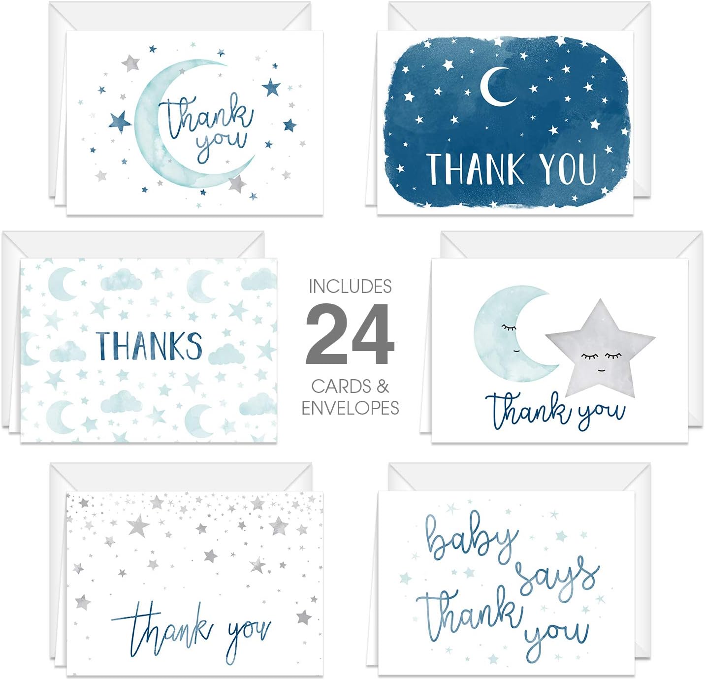 Canopy Street Starry Delight Thank You Cards / 24 Baby Shower Thank You Cards / 6 Night Sky Appreciation Greeting Card Designs / 3 1/2" x 4 7/8" New Baby Gratitude Note Cards/Made In The USA