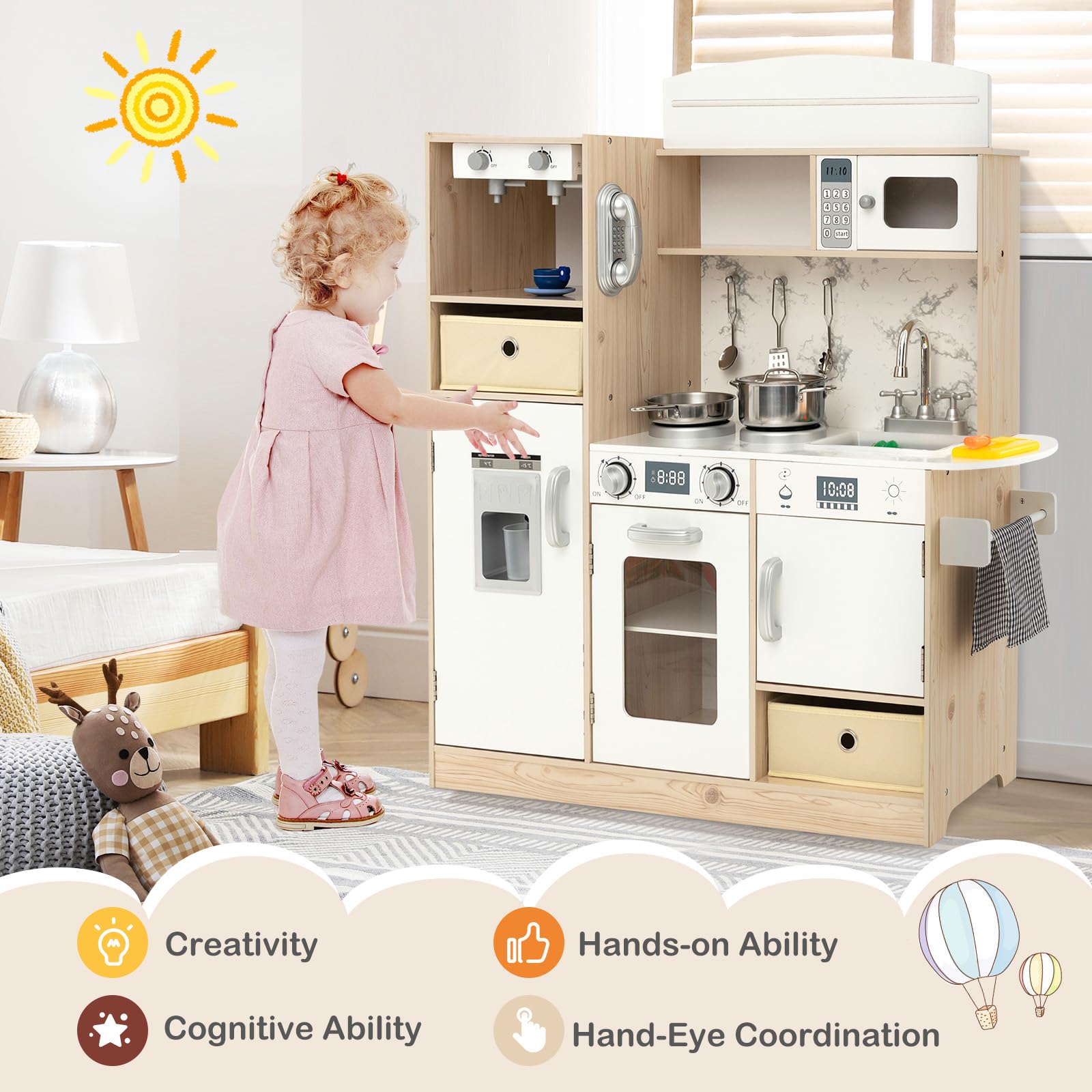 GLACER Play Kitchen with Lights, Wooden Toy Kitchen w/Realistic Sound, Coffee Maker, Play Phone, Microwave, Oven, Cooking Accessories, Gift for Boys Girls, Kids Kitchen Playset for Toddlers Aged 3+