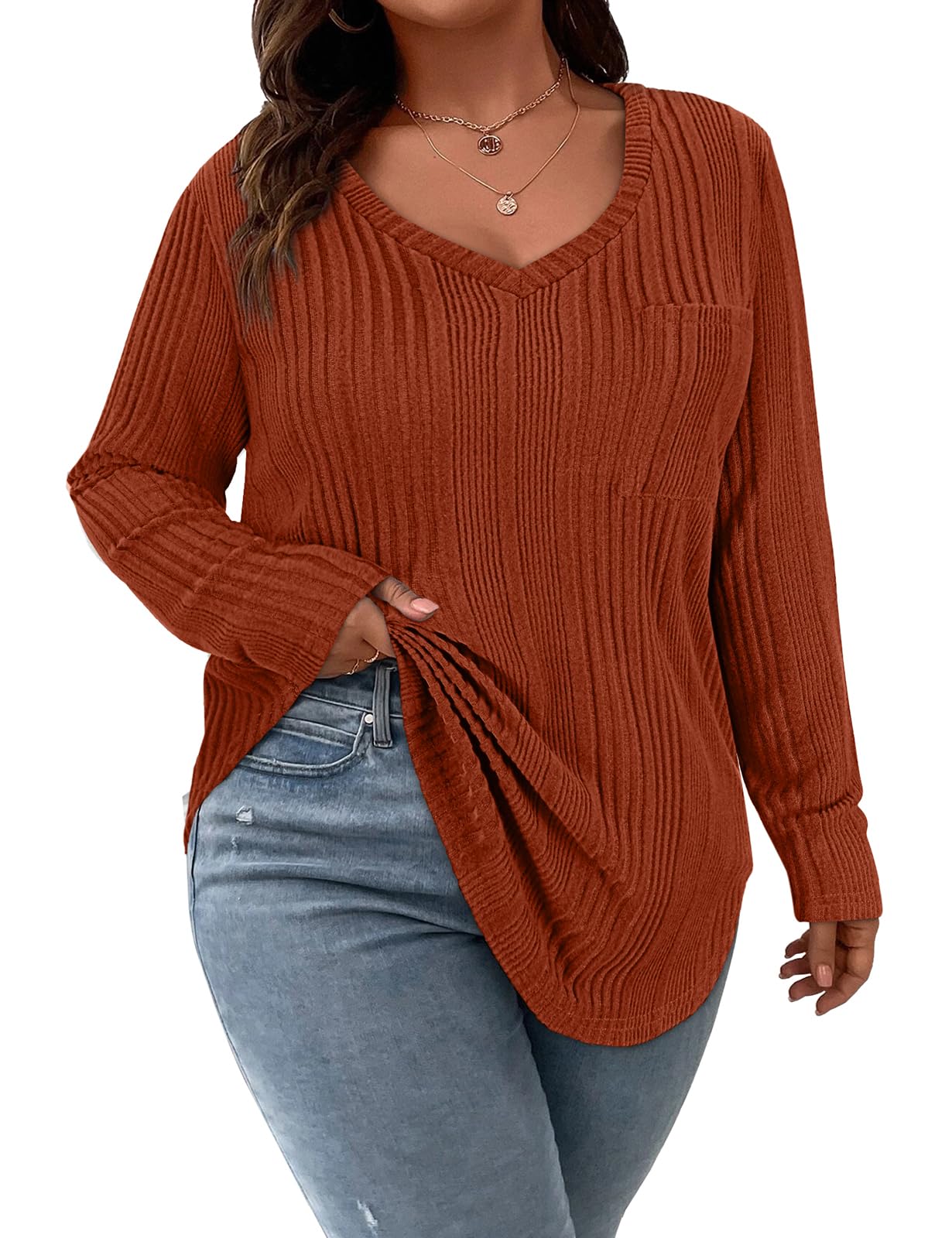 Koscacy Women Plus Size Casual Knit Sweater with Pocket V Neck Solid Color Tops Lightweight Long Sleeve Blouses