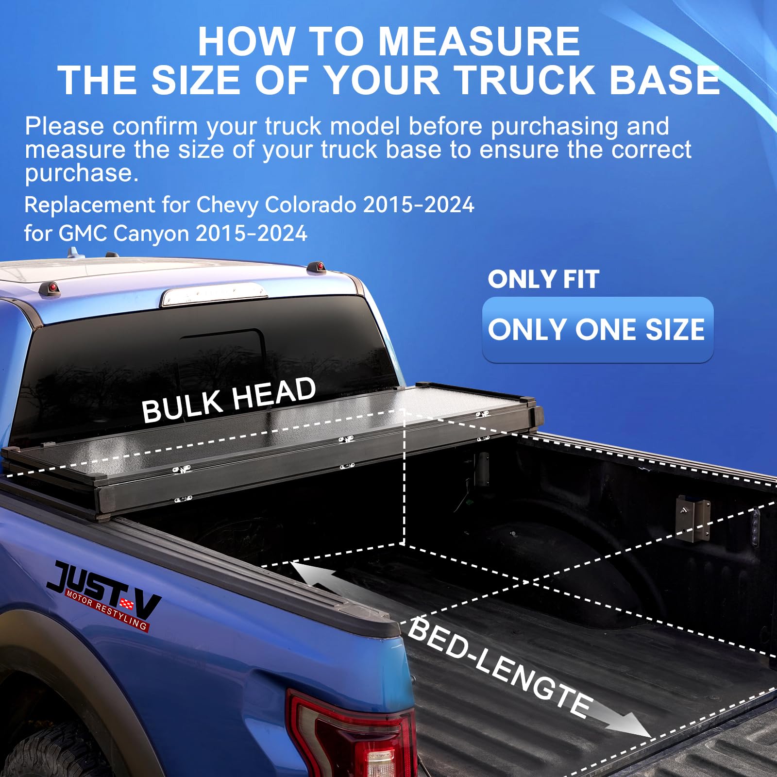 Condition photo showing New/Like New for just-v hard tri-fold truck bed tonneau cover for chevy colorado, for gmc canyon 2015-2023, only fit crew cab pickup 4 door 5.2ft bed short box, solid frp textured black