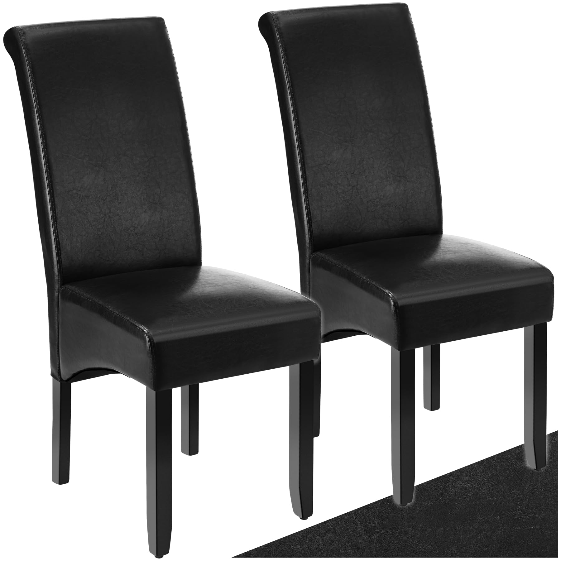 tectake® Set of 2 Dining Chairs with Faux Leather Covers & Solid Hardwood Legs, Dining Chair Set with Ergonomic Design, Padding & High Backrests, Ideal as Kitchen & Desk Chairs - Black