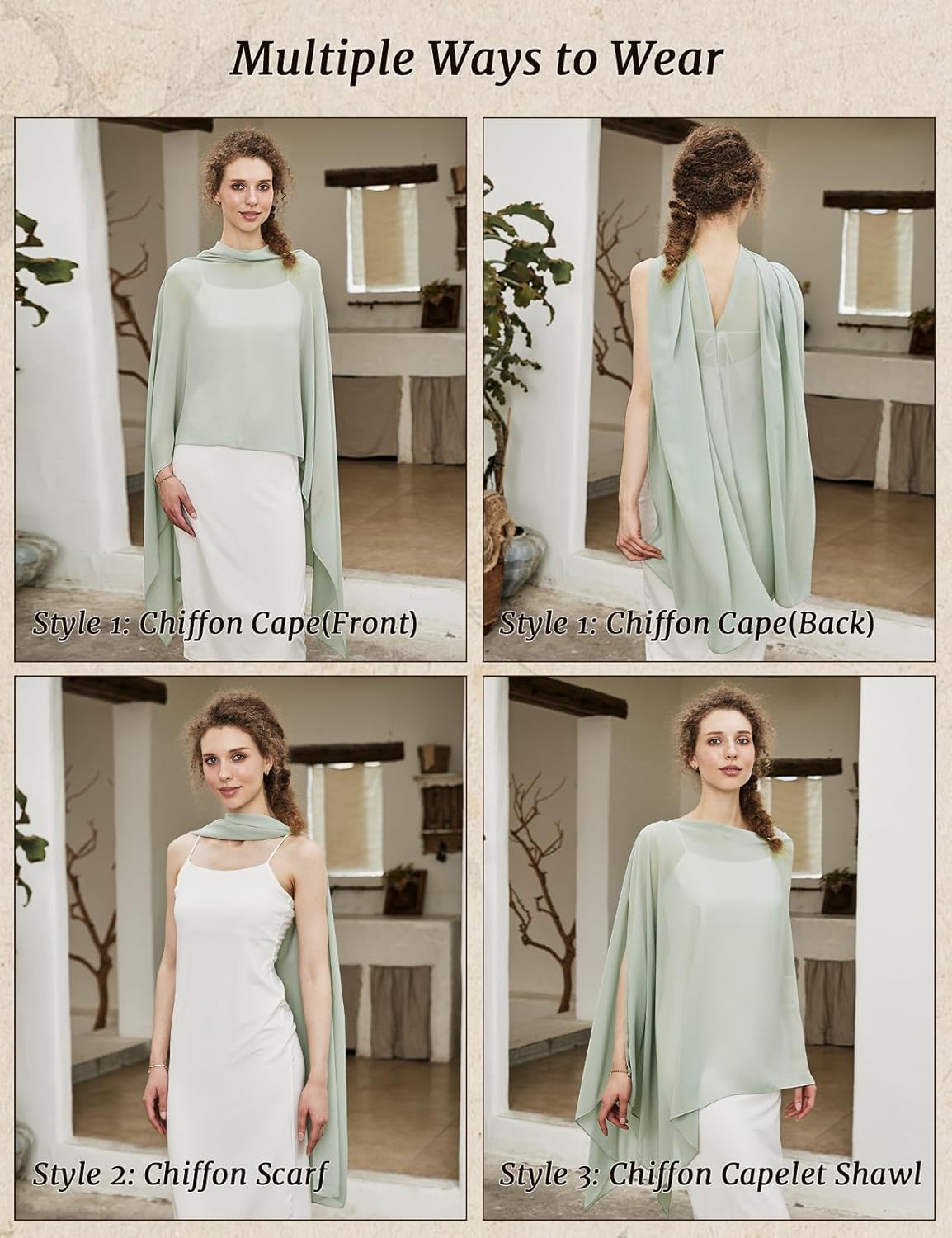 Chiffon Cape Shawl Wrap Scarf 3 Ways to Wear Elegant Sheer Capelet for Evening Dresses Weddings Parties - Image 5
