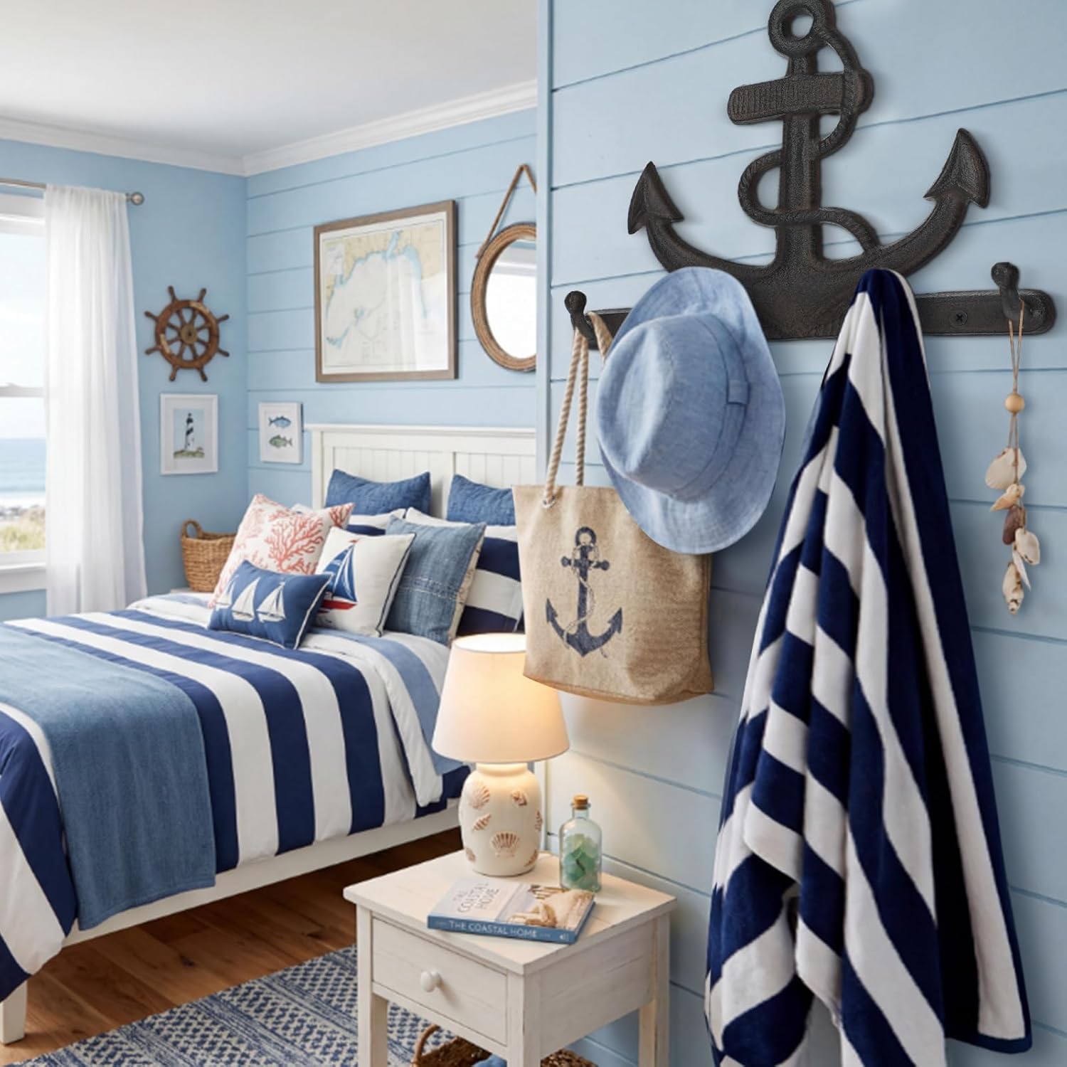 10 Inch Cast Iron Nautical Anchor Hook with Screws Vintage 4 Hook Rack Nautical Wall Hanger Decorative Rustic Solid Cast Iron Wall Mount for Coats Bags Towels Hats