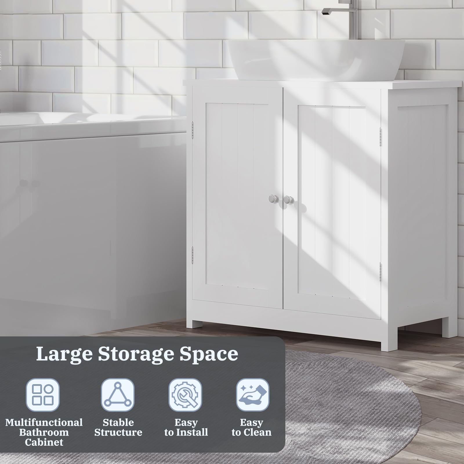 eSituro Armadietto Sottolavabo da Bagno Mobile a Terra con 2 Ante in Legno Bianco Mobiletto sotto Il Lavello