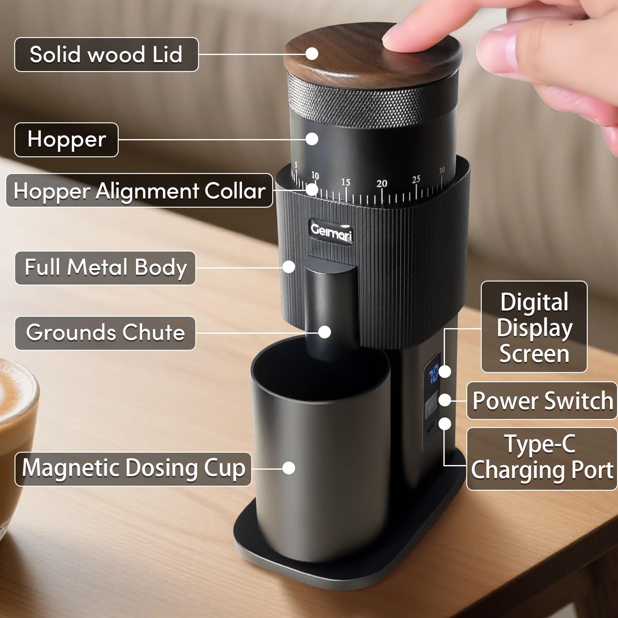 wirsh - Molinillo de café eléctrico portátil, inalámbrico, recargable, Geimori T38 con rebaba cónica de 6 núcleos de 38 mm, ajustes de molienda para espresso, vertido, prensa francesa, camping, viajes