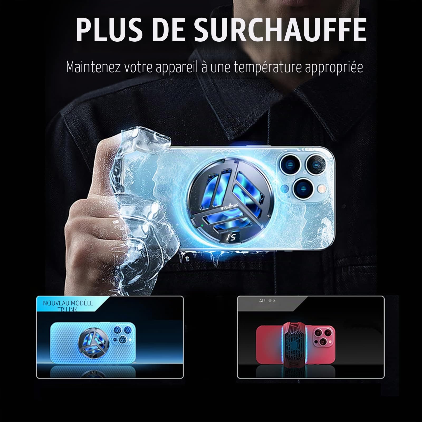 TRILINK Refroidisseur magnétique de téléphone avec chargement sans fil, ventilateur de refroidissement de téléphone pour iPhone/Android/iPad/Tablette, compatible avec l'iPhone 12/13 MagSafe