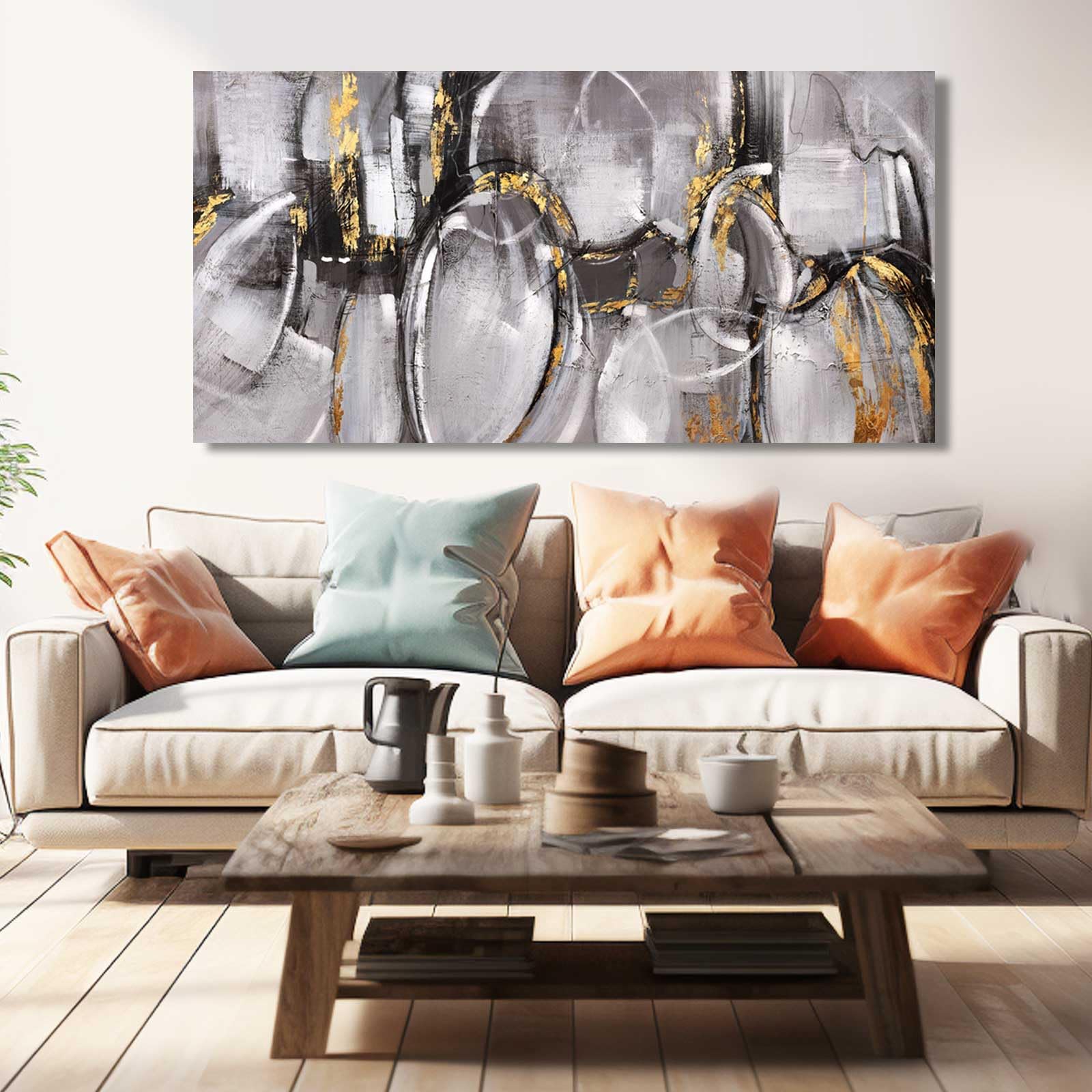 XIANSHOU Grey Canvas Wall Art for Living Room - Black and Gold Abstract Artwork - Graffiti Line Art Painting Wall Decorations for Office Bedroom Home Kitchen 24x48 Inch