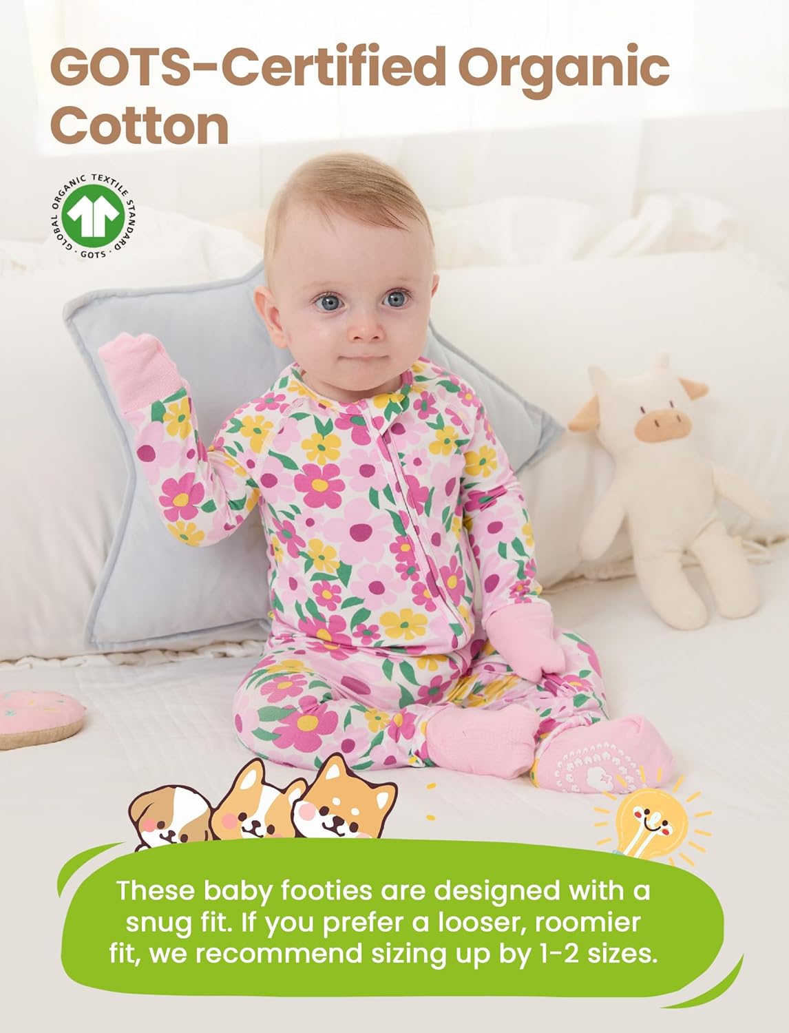 PATPAT Organic Cotton Baby Footie Pajamas with Two-Way Zipper & Fold-Over Mittens, Soft Stretchy Romper for Newborn Boy Girl - Image 2