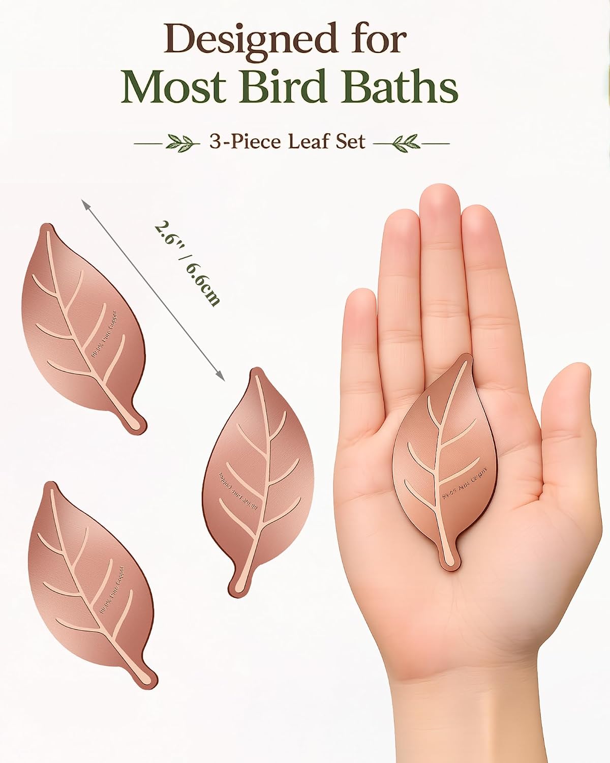3Pcs Bird Bath Copper Disk, 0.6mm Reinforced 99.99% Pure Copper Cleaning Purification Disk for All-Season Universal Natural Fit for Outdoor Birdbaths, Bowls, Fountain (Leaf