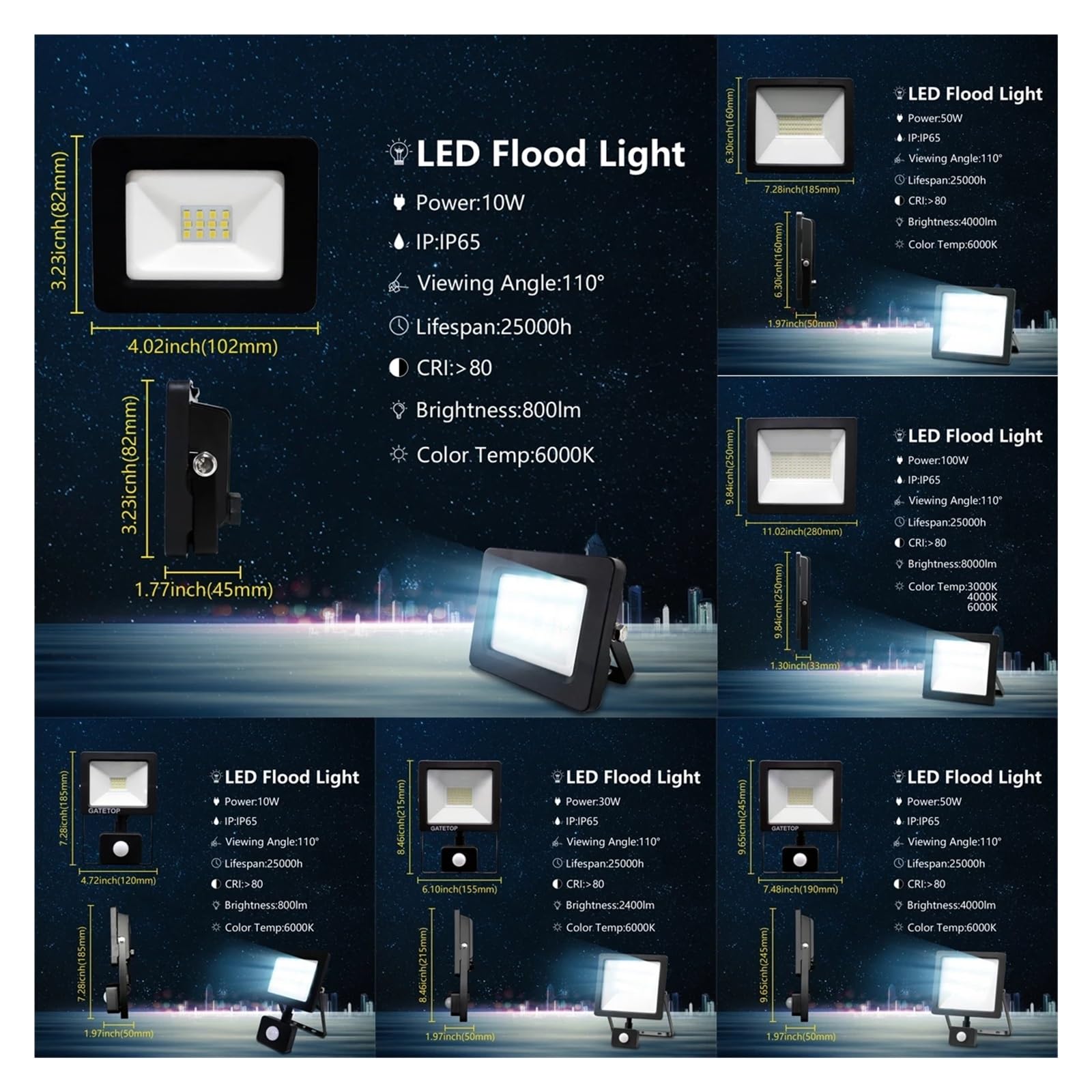 Reflektory LED na zewnątrz, Reflektor LED IP67 Wodoodporny 30W-100W Czujnik Ruchu IP65 Zewnętrzny Projektor Ogrodowy Oświetlenie Punktowe Reflektory Ścienne na podwórko, parking, patio, plac zabaw (C