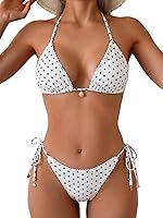 Fanuerg Women's Halter Triangle Bikini Set Lace Trim Cheeky Two-Piece Swimsuit - Adjustable String Bathing Suit