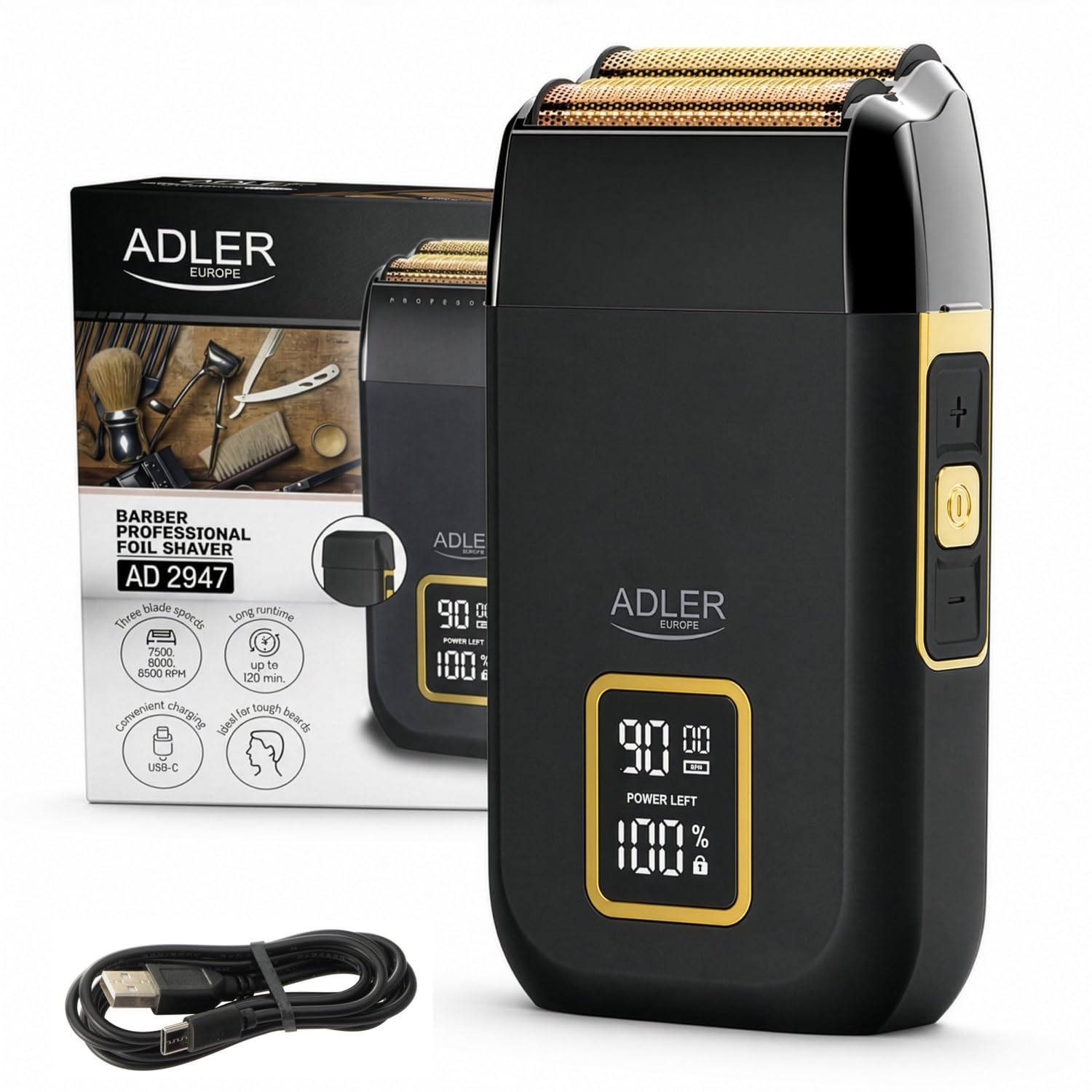 ADLER EUROPE AD 2947 profesjonalna golarka foliowa z podwójną głowicą golącą, folia tytanowa, 3 prędkości 7500-8500 obr./min, wyświetlacz LCD, USB-C, akumulator litowo-jonowy 1400 mAh