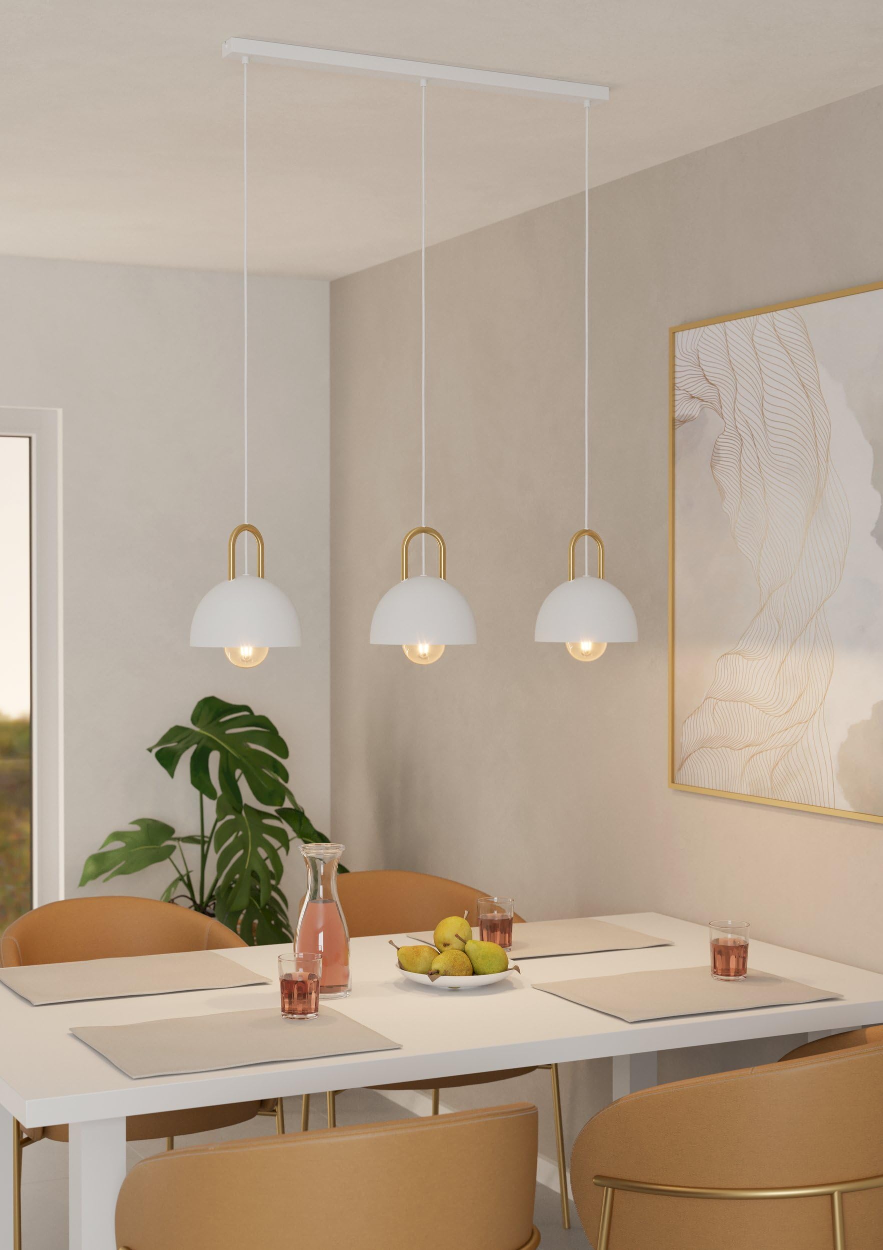 Eglo lampada a sospensione Calmanera, a tre luci, in metallo bianco, ottone | spazzolato, illuminazione per tavolo da pranzo e soggiorno, presa E27
