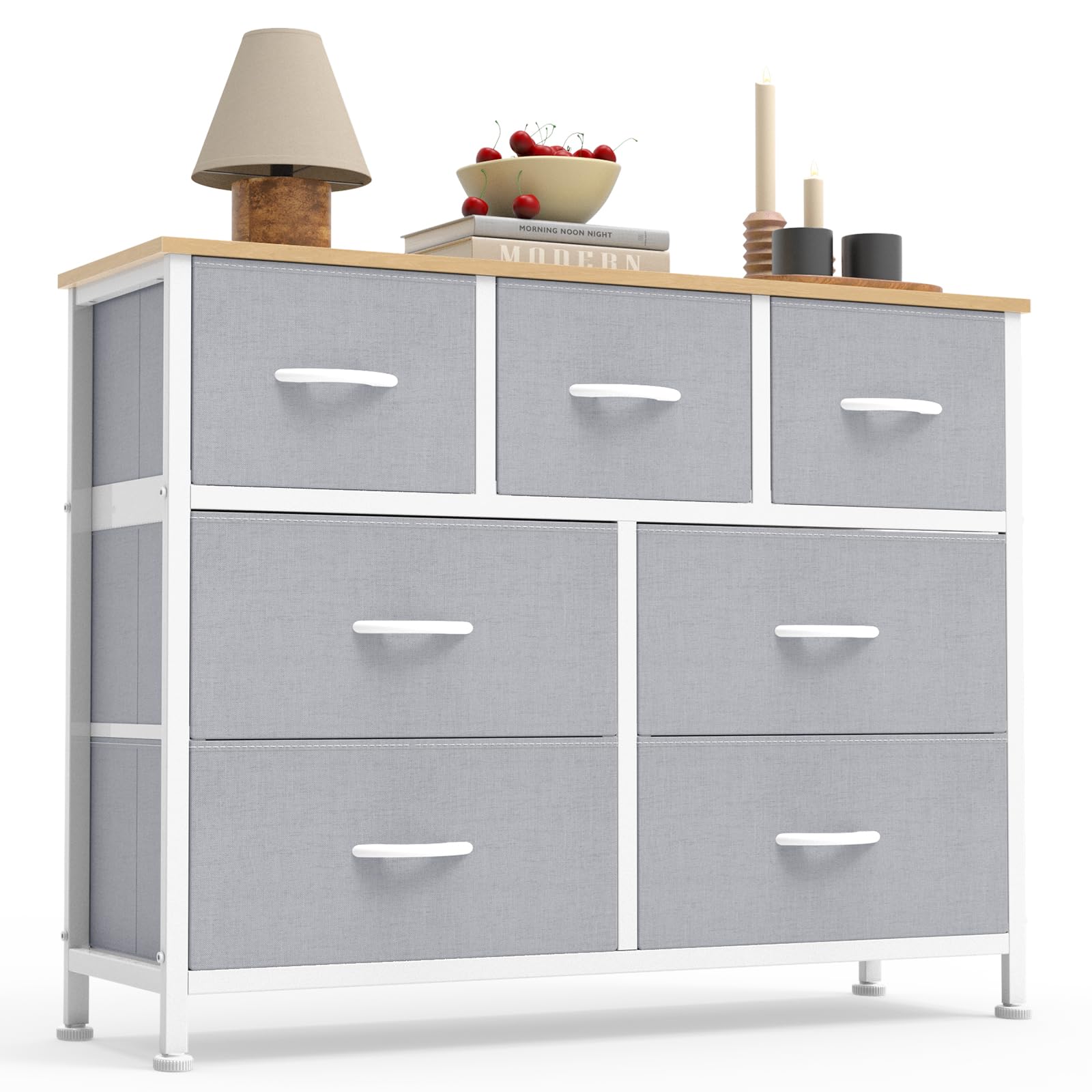 View 1 of ****USED UNKOWN IF MISSING PIECES****
Sweetcrispy 7 Drawer Dresser for Bedroom Storage, Fabric Bins, Light Grey