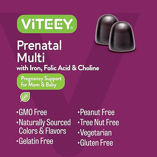 Miniatura 5 de Viteey Gomitas prenatales con hierro, ácido fólico y colina, multivitamínico prenatal con hierro, colina y ácido fólico, vegetariano, sin gluten,