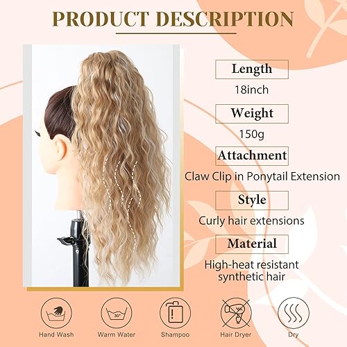 Miniatura 6 de Extensión de cola de caballo con garra, extensión de cola de caballo larga y rizada para mujer, extensiones de cabello sintético marrón con clip,