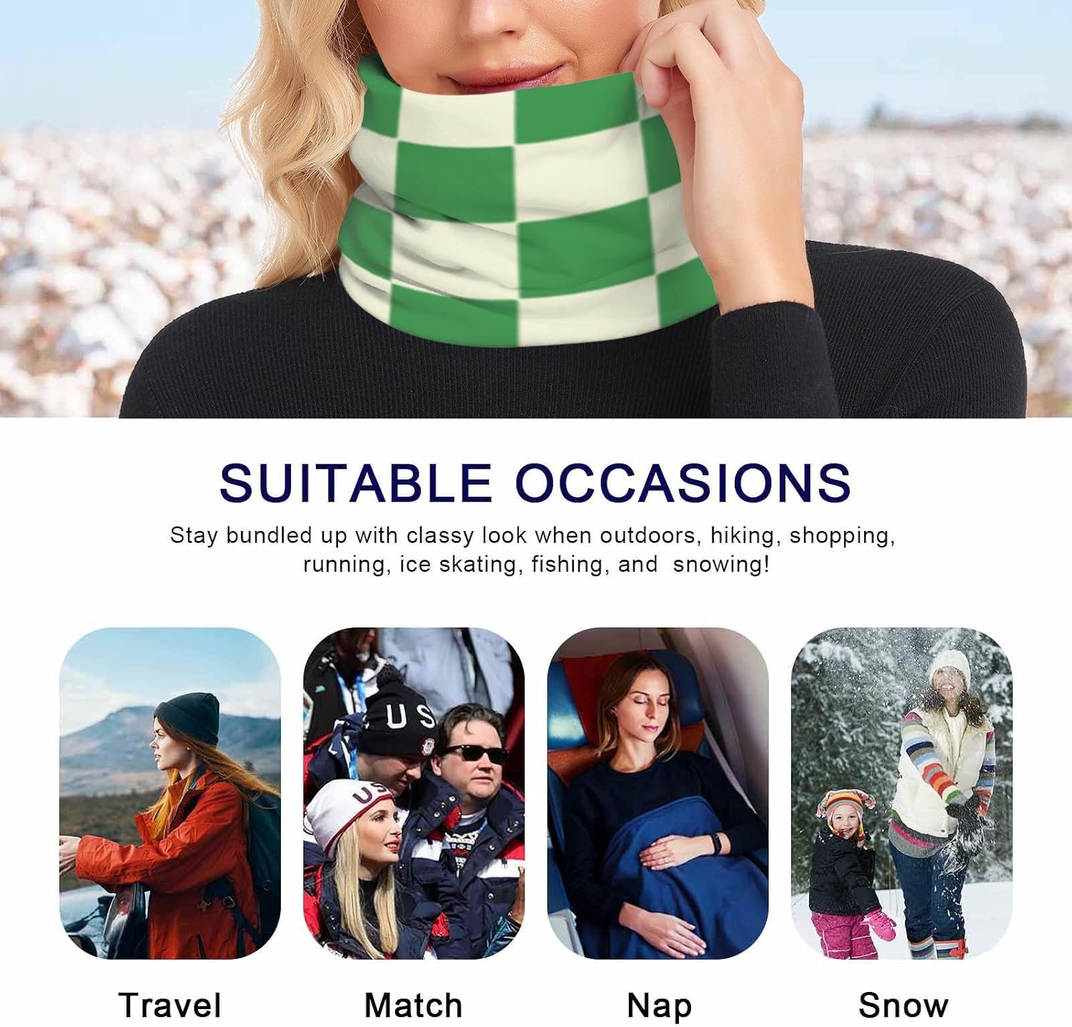 Green Beige Checker Plaid Winter Knitted Neck Gaiter for Cold Weather Outdoor Sports Ski Face Scarf Soft Thick for Men & Women
