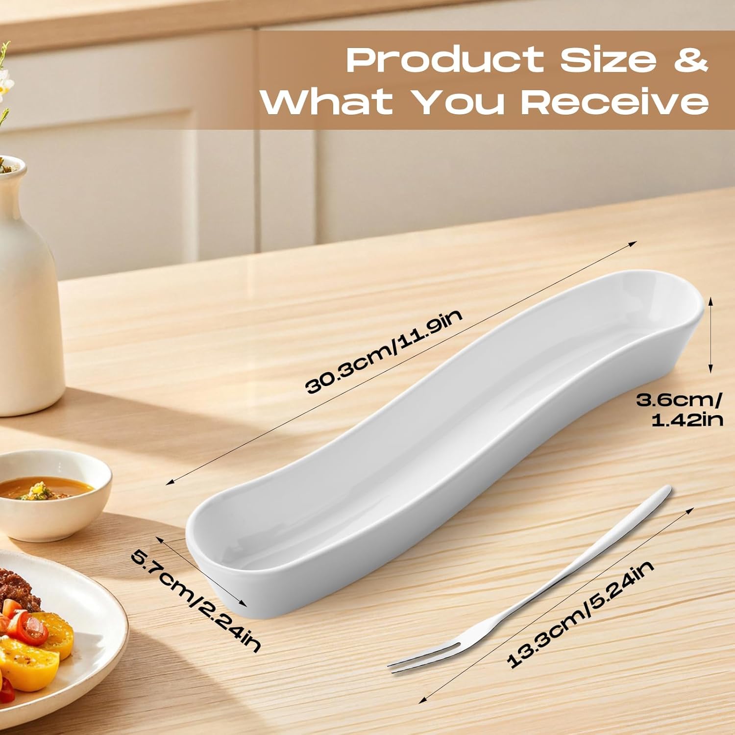 4 Olive Boat Trays with 4 Stainless Steel Forks 12" Long Arc Shape Serving Dishes Ceramic Appetizer Trays Charcuterie Board Accessories for Olives Entertaining Dishwasher Microwave Safe