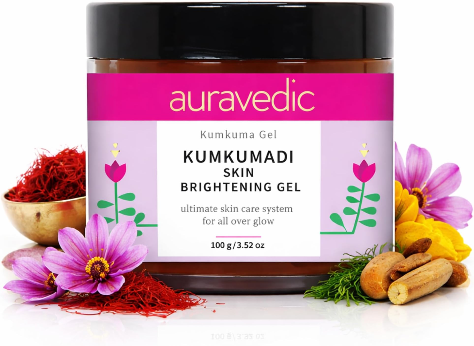 Auravedic Kumkumadi Face Brightening Gel | Glowing Skin Moisturiser with Saffron | Hydrating Facial Gel for Dull, Uneven & Tired Looking Skin | Daily Skincare | Lightweight & Non Greasy | 100g