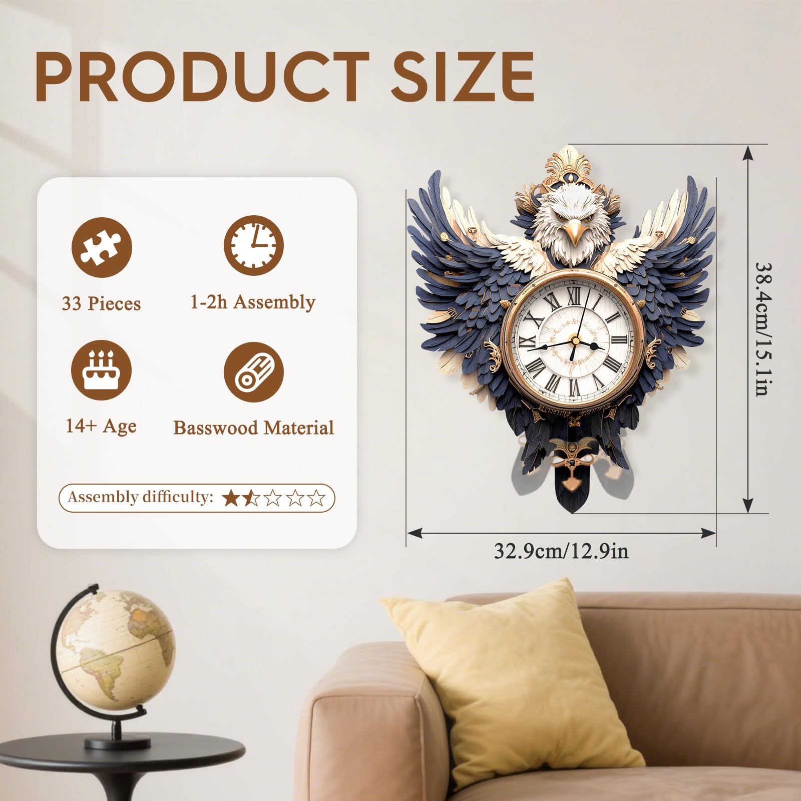 Puzzle 3D per adulti, con design a forma di aquila, orologio a pendolo meccanico fai da te con numeri romani, decorazione da scrivania, casa e ufficio, regalo personalizzato per gli amanti