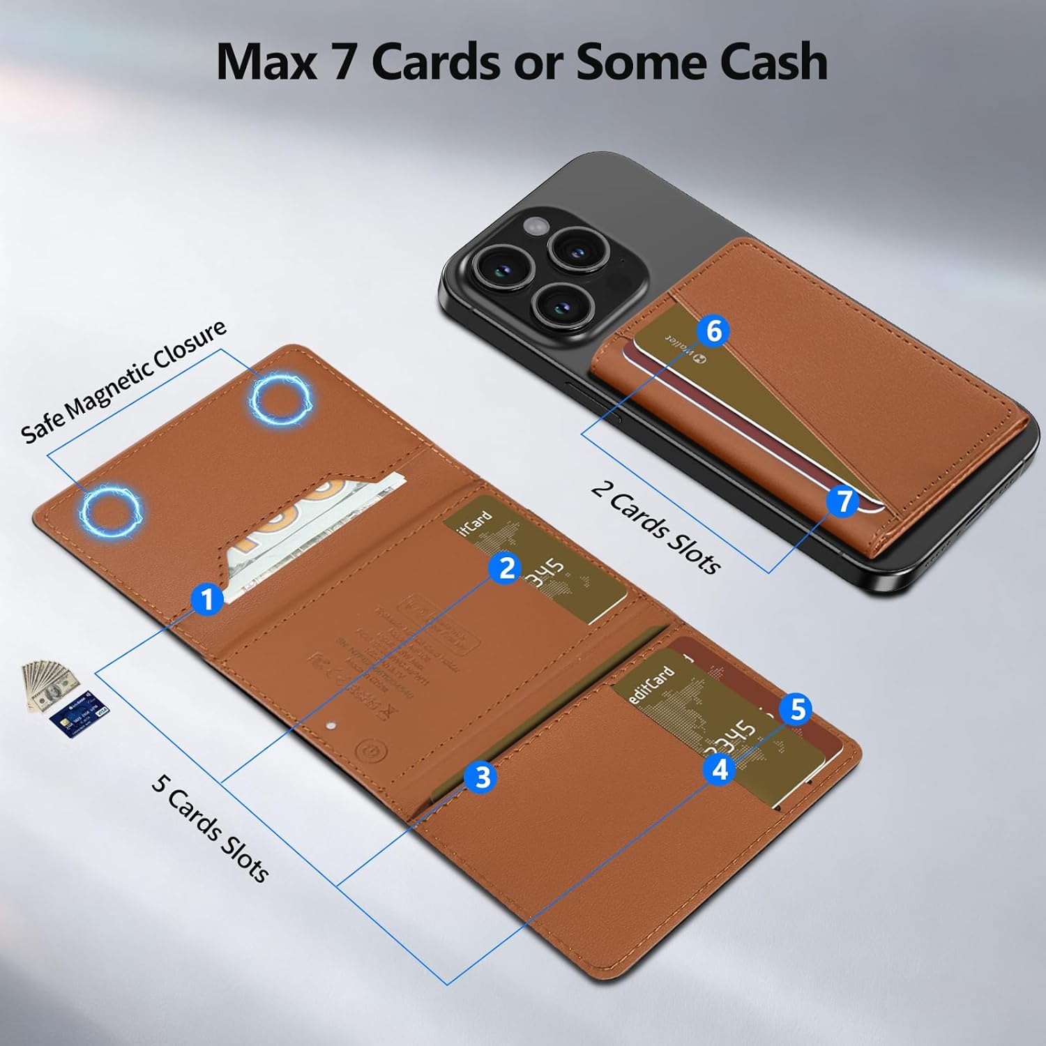 TopMade for Magsafe Wallet, Works with Apple Find My, Magnetic Wallet for iPhone 17/16/15/14/13/12 Series, Leather Trifold Magnetic Card Holder with Tracker, 7 Cards Holder, RFID Blocking, Brown