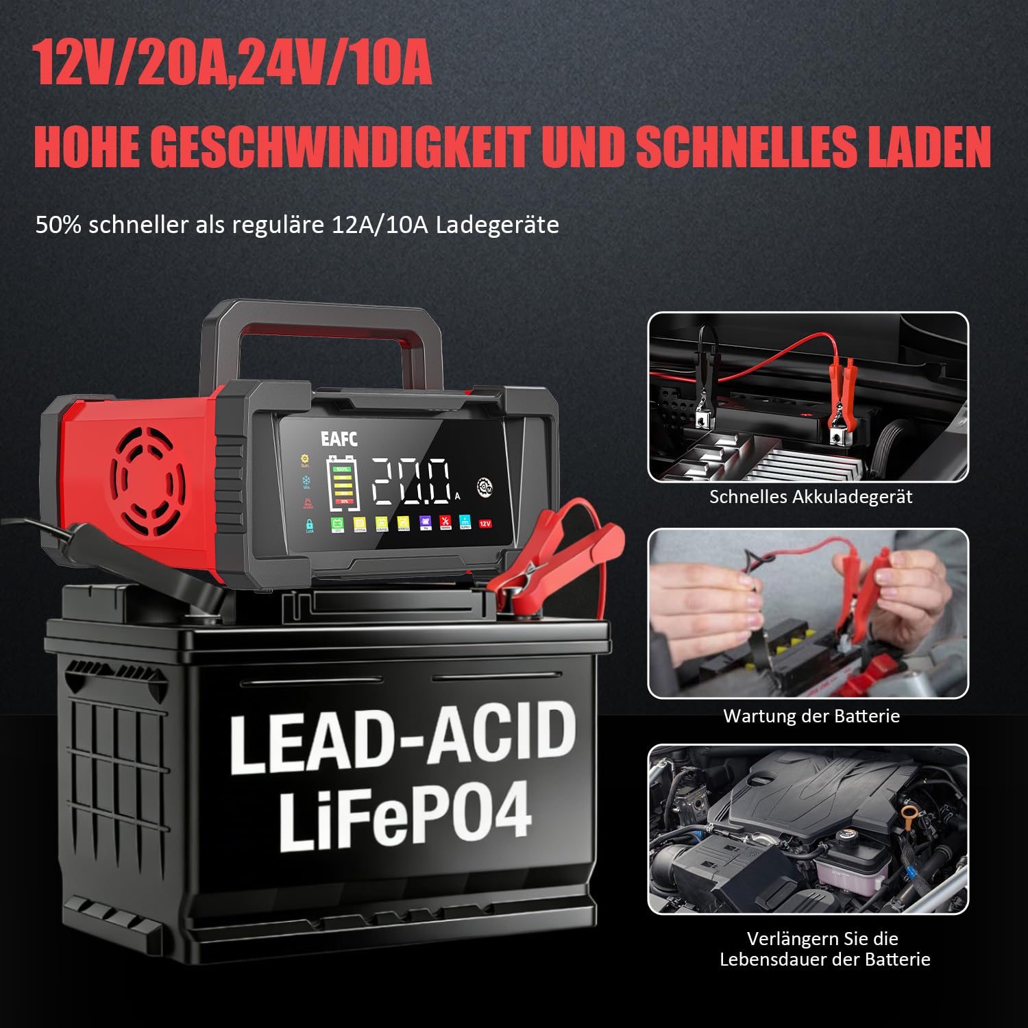 20A Tragbar Autobatterie Ladegerät, 12V/24V Batterie Erhaltungsladegerät, 9-Stufiges Laden, Reparaturmodus, Batterieladegerät für STD, AGM, EFB, Gel, SLA, LiFePO4, Kraftfahrzeug, Motorrad