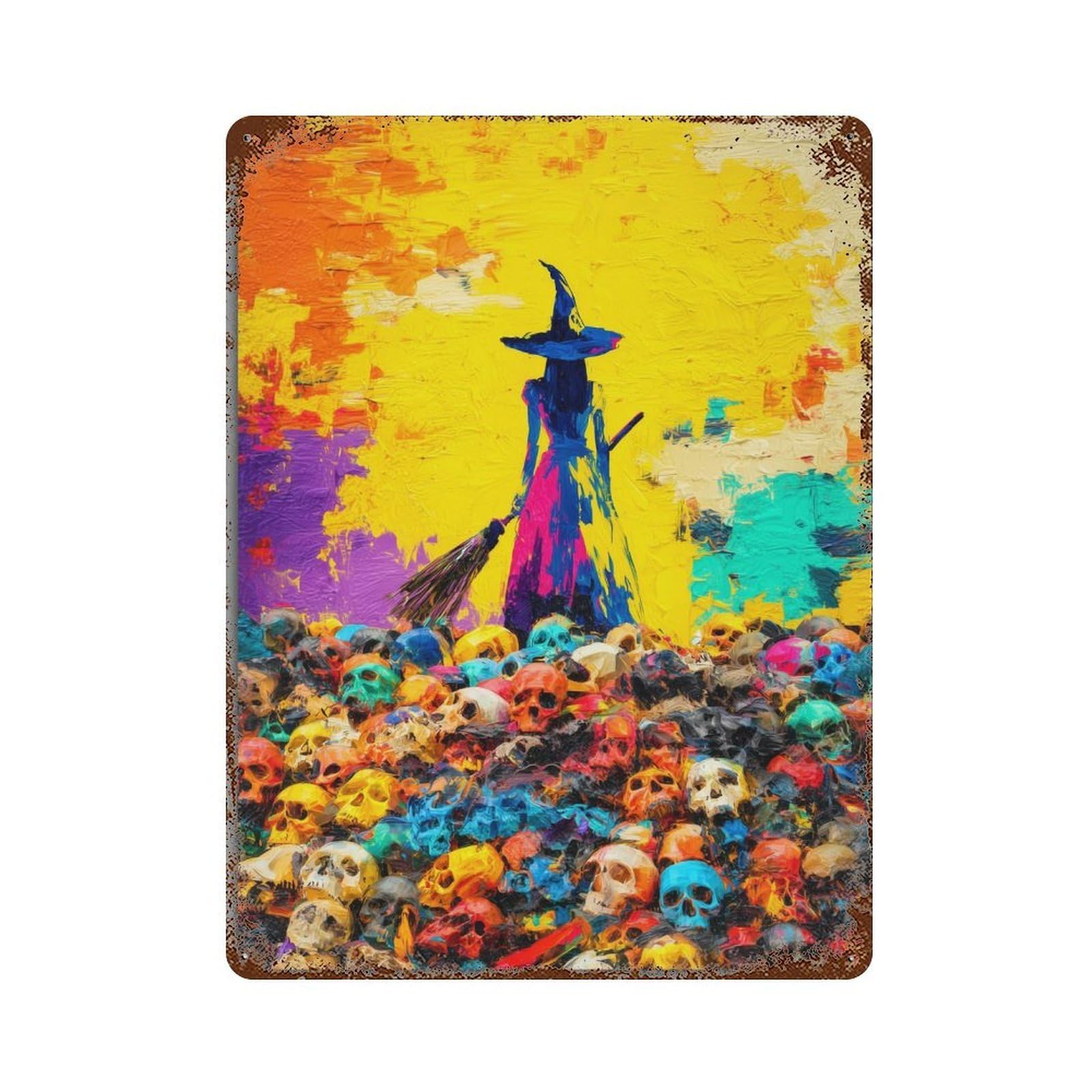 Garage Style Colorful Witch Painting Rusty Metal Tin Sign 15.7"x11.8", Decorative Metal Wall Art for Bar And Workshop