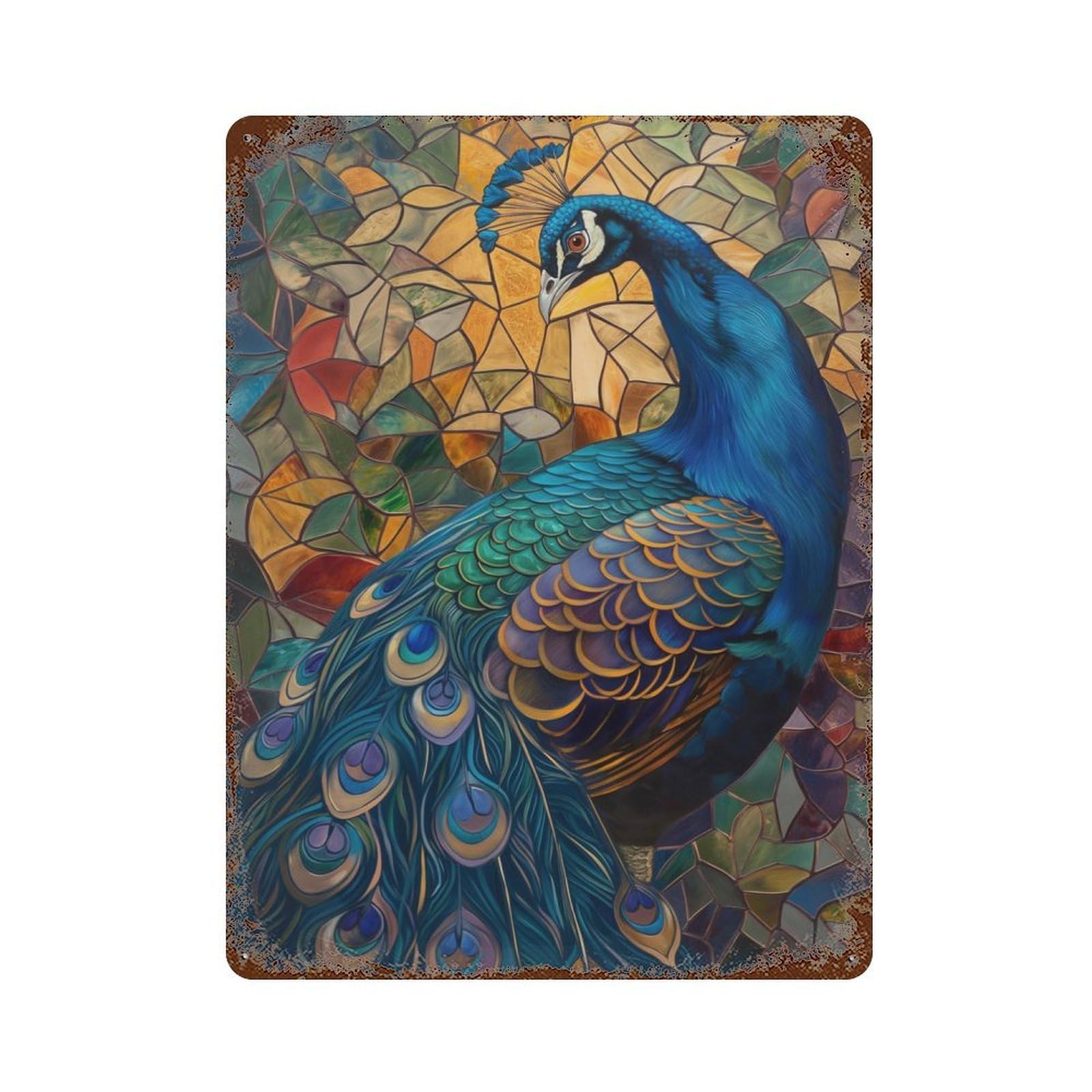 Garage Style Peacock Stained Glass Art Vintage Metal Tin Sign 15.7"x11.8", Retro Wall Decor for Bar And Workshop