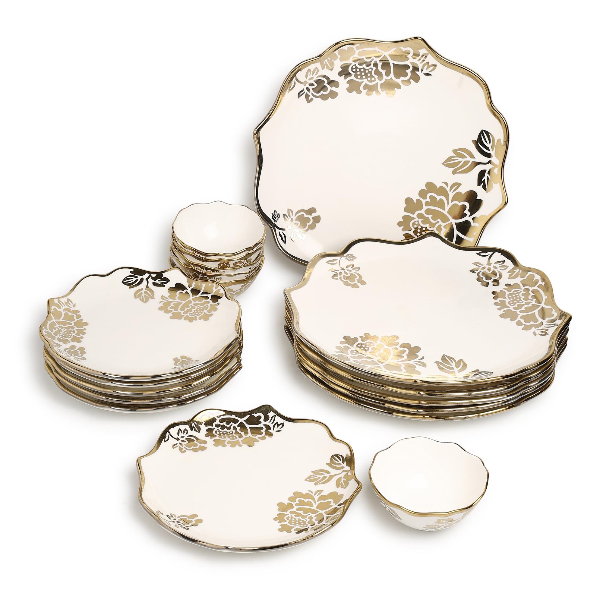 Timeless Elegance Gold Plated 18 Piece Dinner Set for 6 | Premium White & Gold Porcelain Crockery Set with Scalloped Rim | 6 Dinner Plates, 6 Quarter Plates & 6 Veg Bowls (DSS03)-image-18