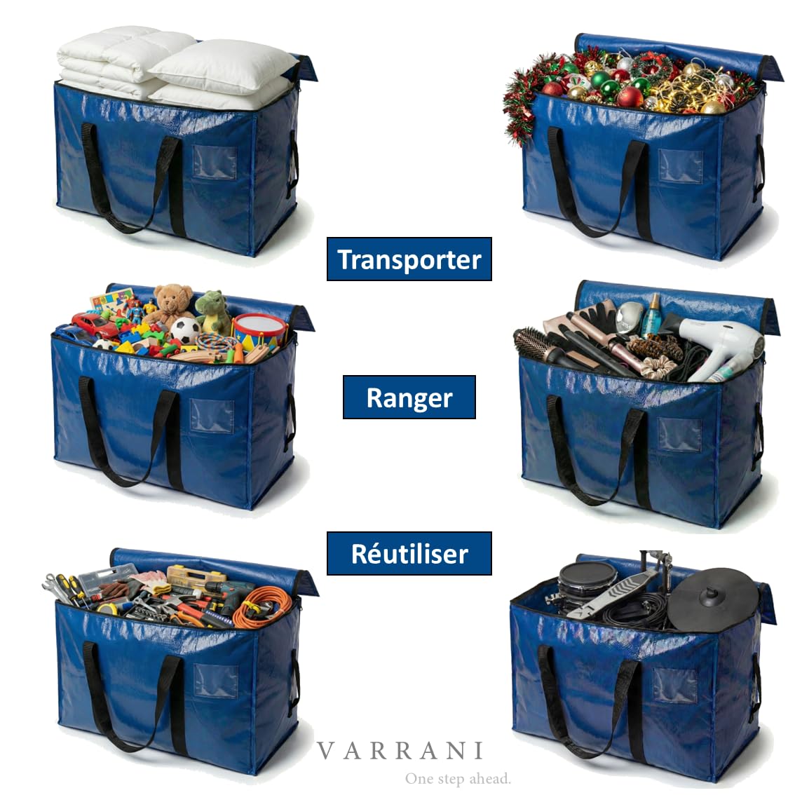 Lot de 5 Sacs de Rangement et Déménagement XXL 94L (4+1), Bleu, avec Poignées Renforcées et Fermeture Zippée, Grande Capacité, Gain de Place, Solide et Durable (5, Bleu)