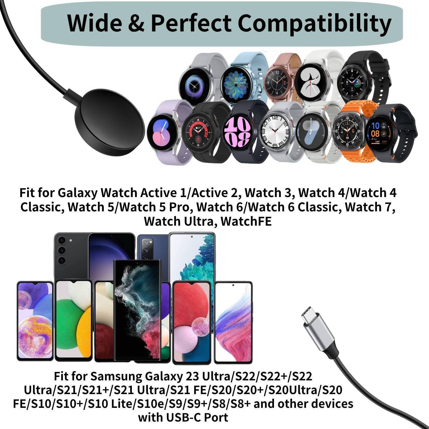 Chargeur USB C 2 en 1 pour Samsung Galaxy Watch, charge rapide pour Galaxy Watch 7/6/6 Classic/5/5 Pro/Ultra/Fe, 4/3/Active 2/Active Smartwatch et Galaxy S24/S23 Ultra/S22/21/20 Note20