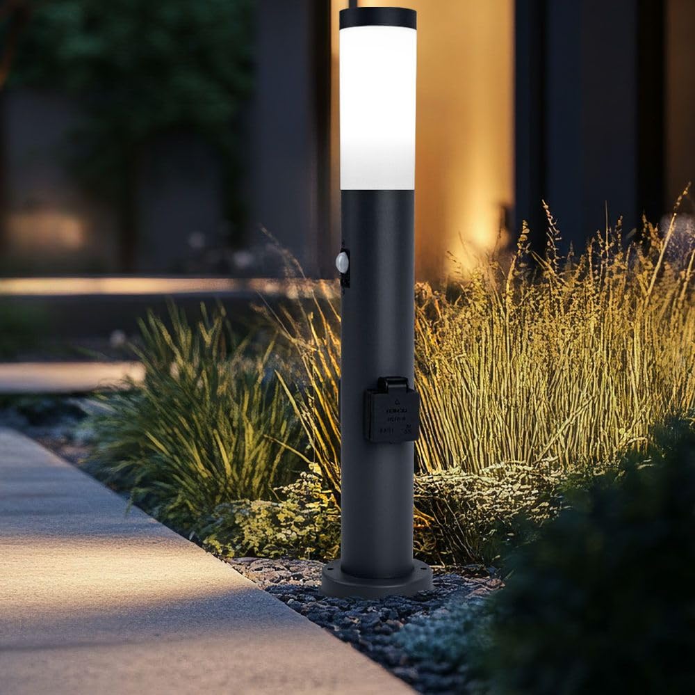 Außenleuchte LED Stehleuchte mit Bewegungsmelder Edelstahl Wegeleuchte Sockelleuchte Gartenleuchte anthrazit, mit 2 Steckdosen, IP44, 1x 11W 1055lm warmweiß, DxH 13,1x60 cm