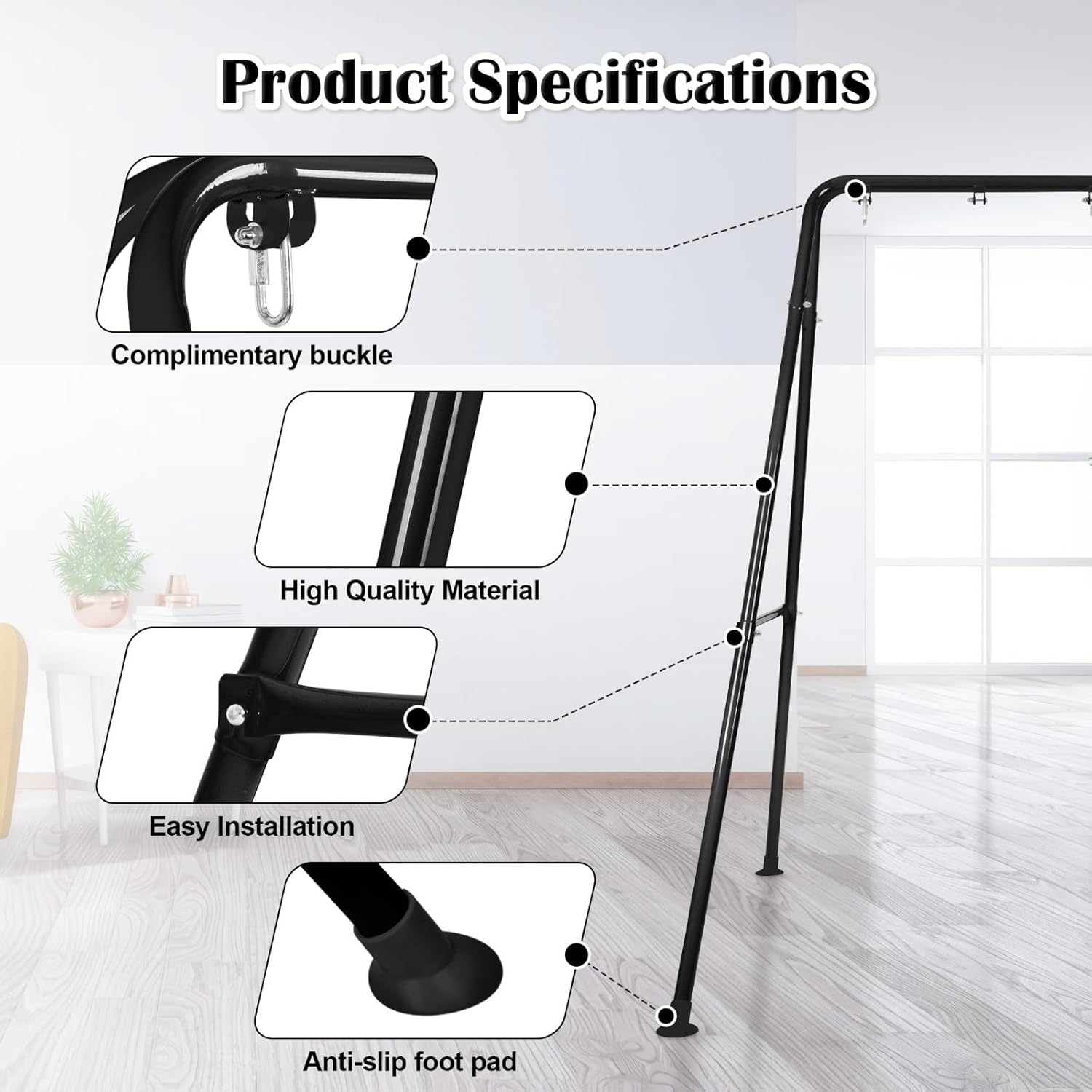 Hammock Chair Stand, Heavy-Duty A-Frame Metal Swing Stand for Indoor and Outdoor, Suitable for Most Hanging Chairs, Easy to Assemble & Store, Hammock Chair not Included (Black)