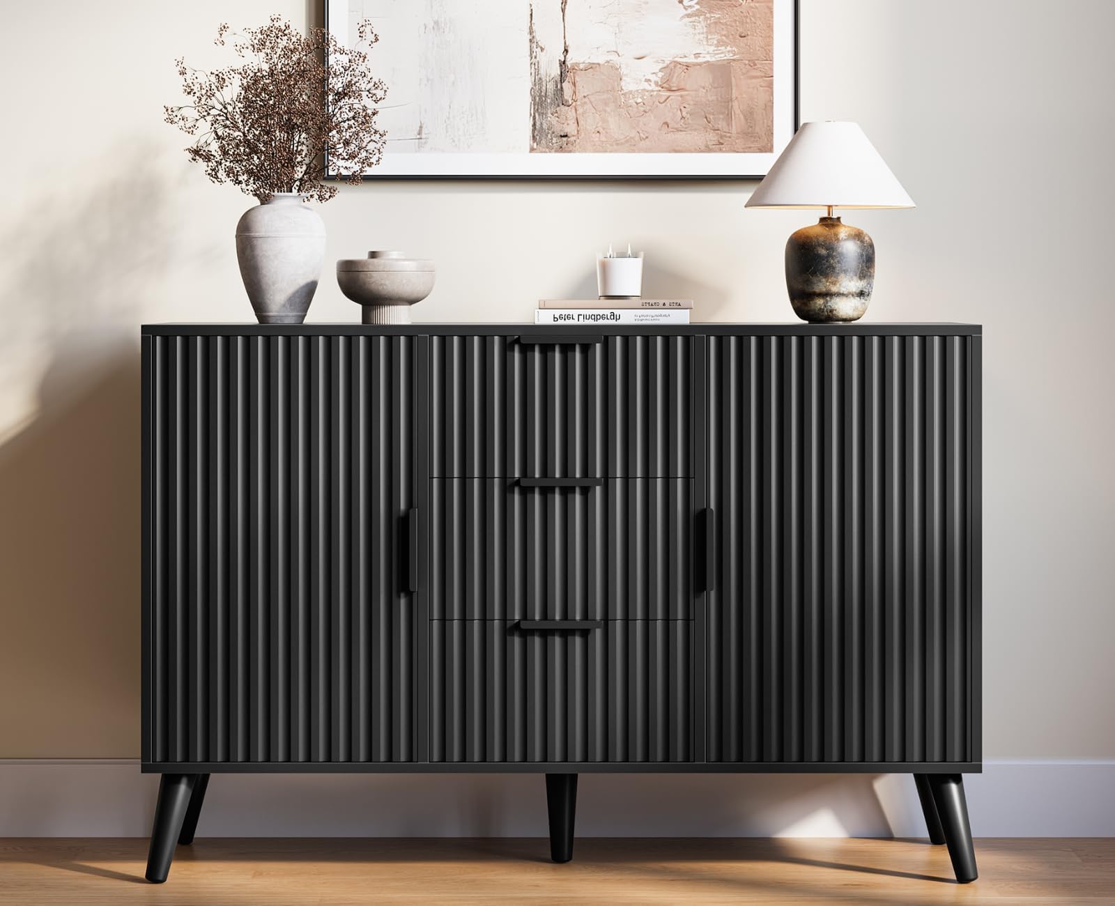 47" Black Sideboard Buffet Cabinet with 3 Drawers, Fluted Modern Buffet Cabinet with Storage, 2 Doors Sideboard Cabinets Accent Credenza for Living Room, Entryway