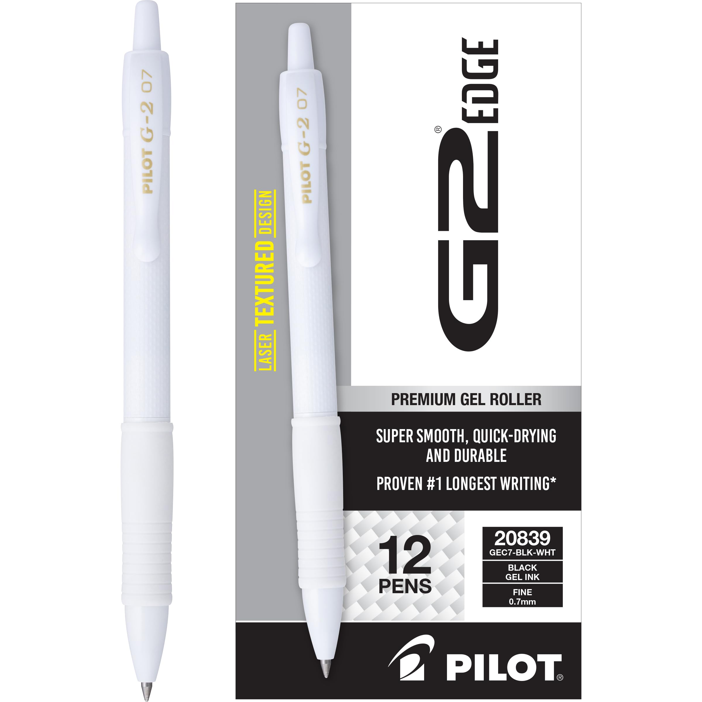 Pilot G2 Premium Gel Roller Pens, Edge White Pen, Sensory Writing Experience, Fine Point 0.7 mm, 12ct Box - Ideal for School, Journaling & Office