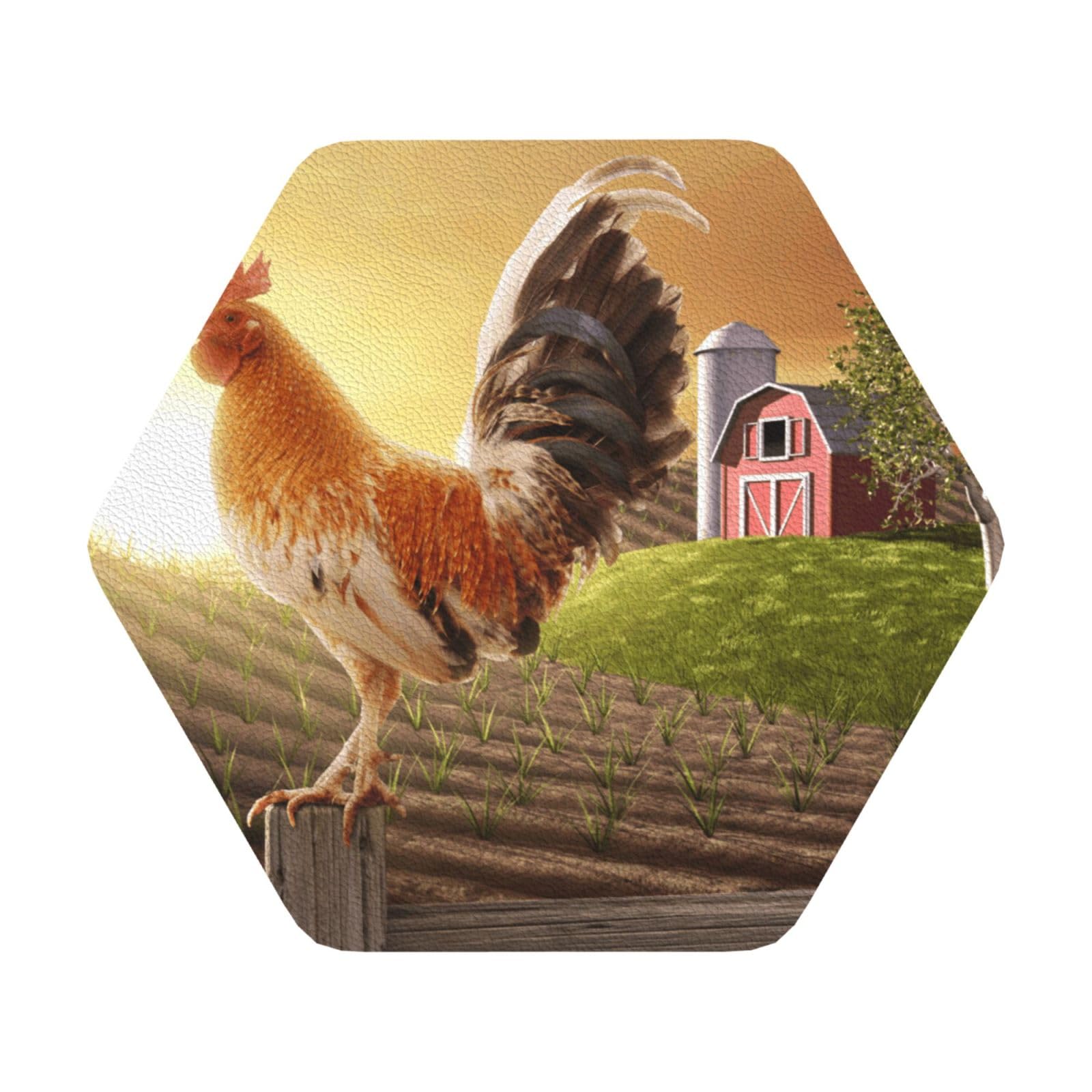 Rooster on Wood in Farmland PU Leather Coasters Set of 6 Hexagon Drink Coasters