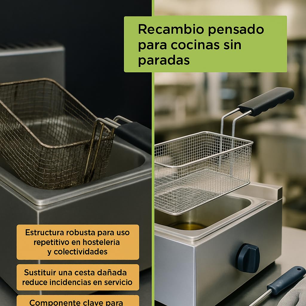 CubetasGastronorm ® Cesta Freidora Gas 8L 200x310x145mm Acero Inoxidable Cocina Profesional Recambio Universal Compatible Con Lucca Aurora GF-2X8L GF-8L Asa Fria Para Freidoras De Hosteleria Plus