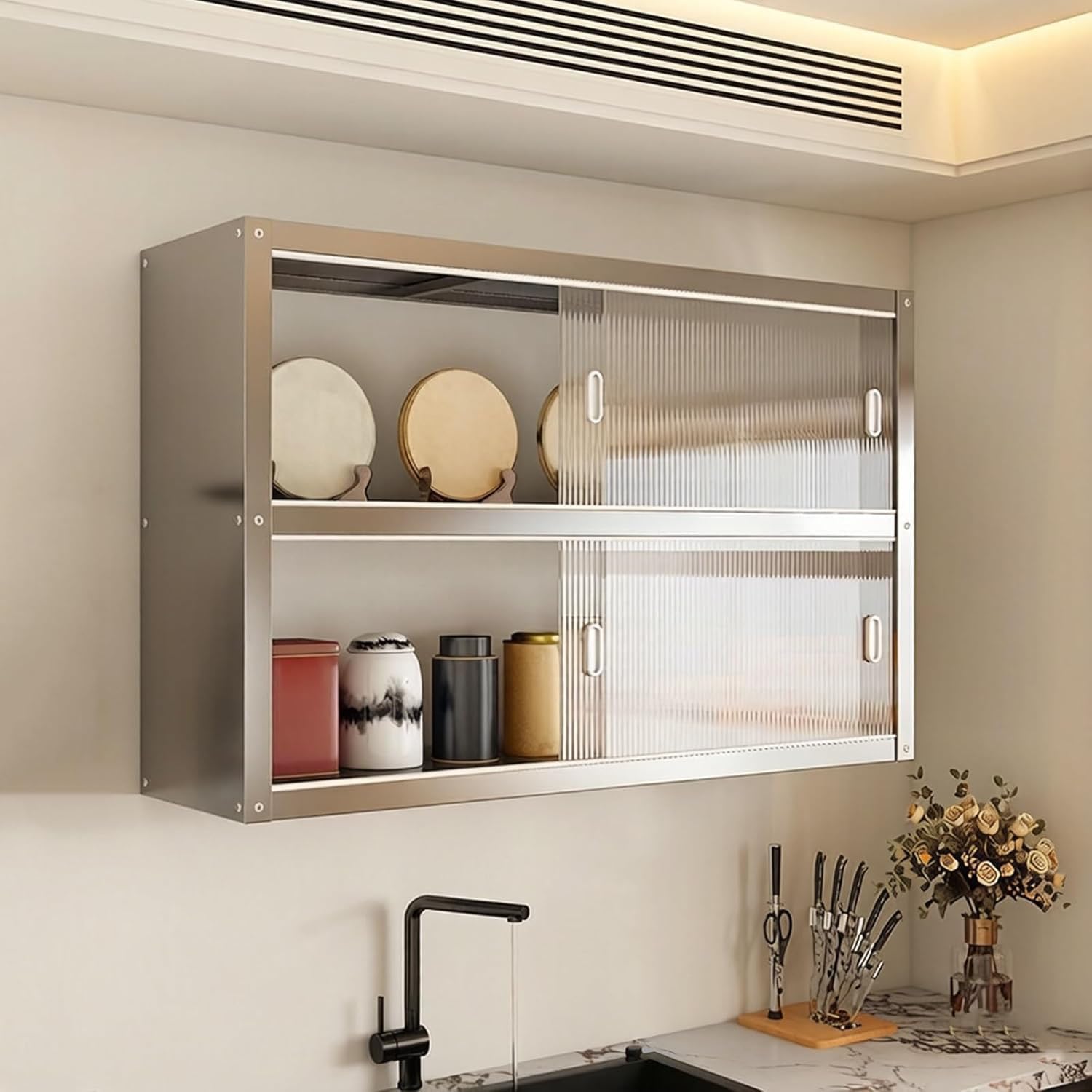 Pensili Cucina Sospesi in Acciaio Inox con Ante Scorrevoli Mobile Pensile da Parete per Cucina Armadietto di Stoccaggio Murale per Cucina Bagno Ufficio,01,60x30x40cm