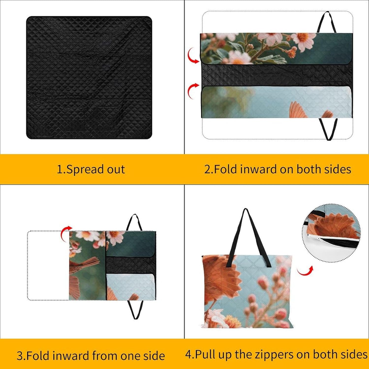 Red Bird Butterfly Flowers Picnic Blanket 150x150cm, Foldable 2-in-1 Picnic Mat and Tote Bag Portable Waterproof Beach Mat Sandproof Outdoor Blanket for Park, Hiking, Beach, Camping, Travel