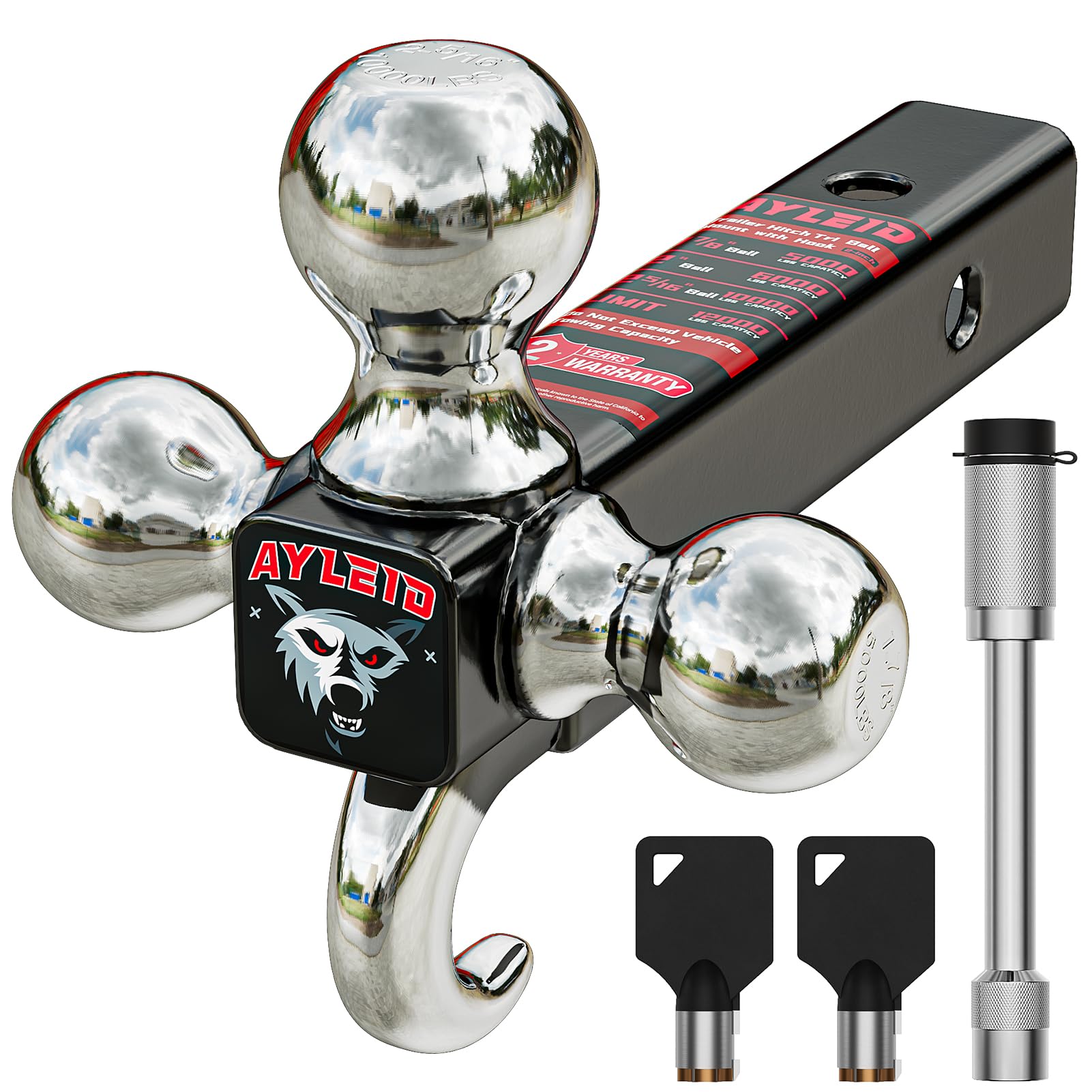 Ayleid Anhängerkupplungshalter Tri-Ball mit Haken und Kugelstiften in 4,5 cm, 5,1 cm und 6,3 cm, Kugelkopf für Anhängerkupplung, Anhängerkupplung, Silberne Kugel mit Kupplungsstift