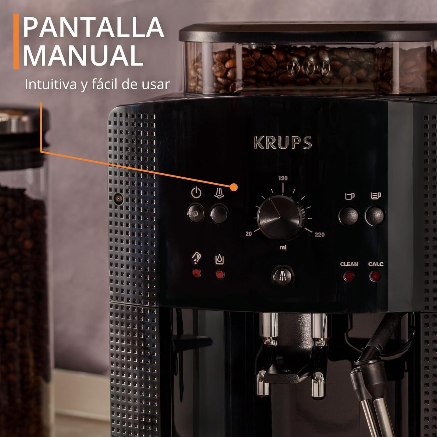 Krups Essential, Cafetera Superautomática + Kit descalcificación, Deposito de agua de 1,7 L, Panel de control fácil de usar, Molinillo cónico con 3 ajustes de molienda, Espumador de leche, EA8108OM - 2