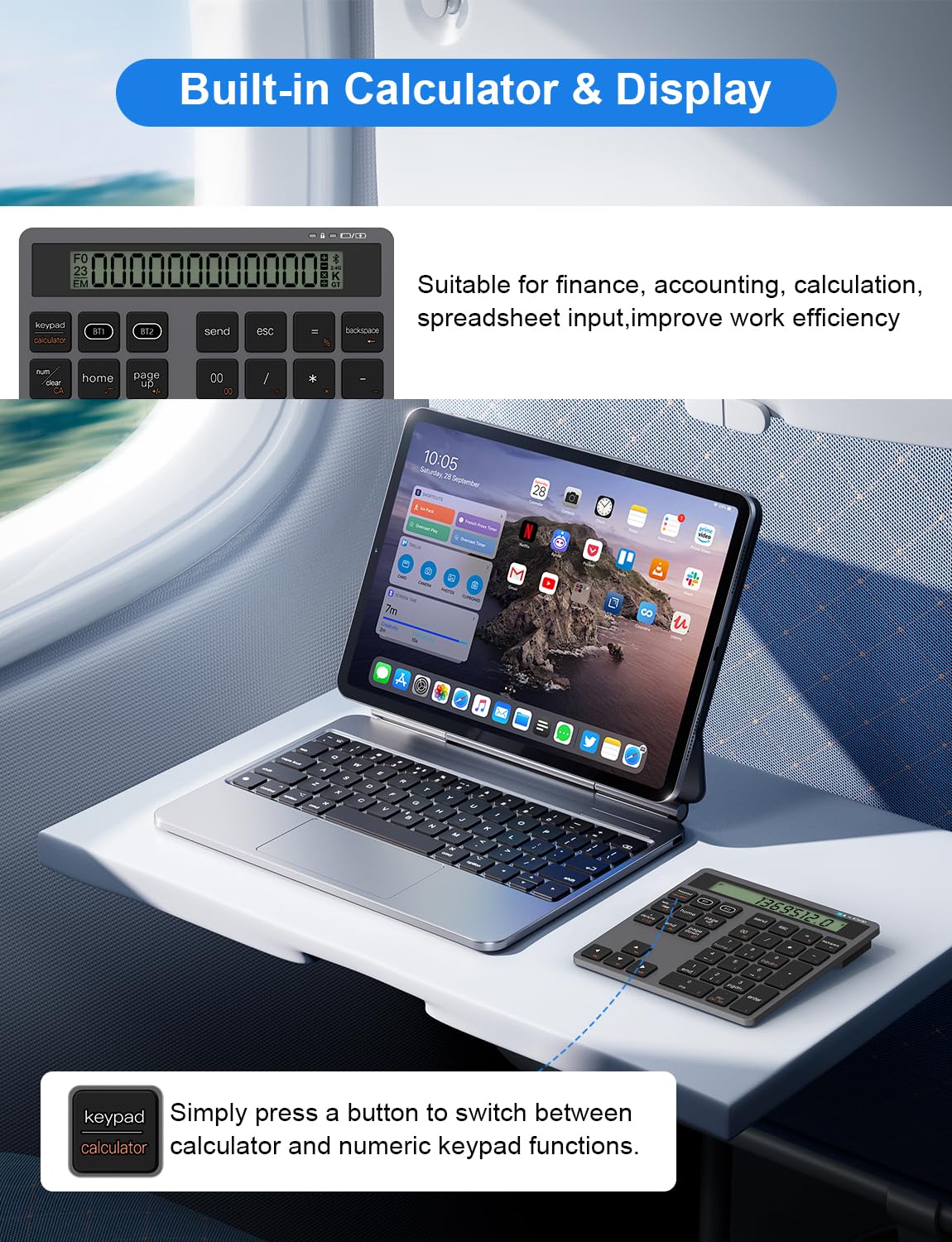 Tastierino Numerico Wireless Bluetooth con Calcolatrice - Tastierino numerico sottile ricaricabile a 34 tasti, inserimento dati + calcolo per MacBook, Pad, Computer Portatile, Cablato e wireless 2in1