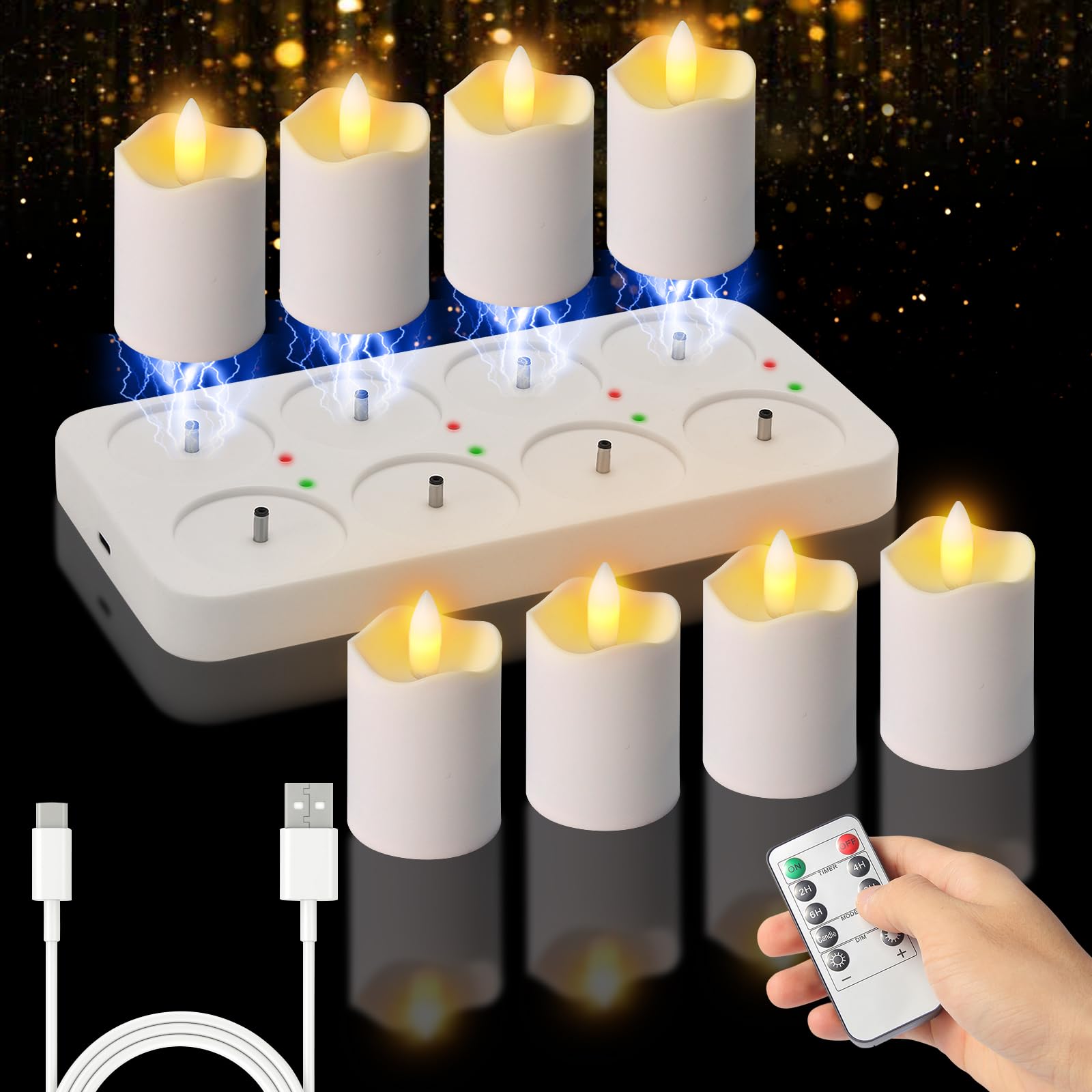 Candele da tè ricaricabili con timer remoto, candele LED senza fiamma da 5,1 x 5,3 cm, con base di ricarica USB, piccole candele votive, candele finte elettriche per matrimoni, decorazione da