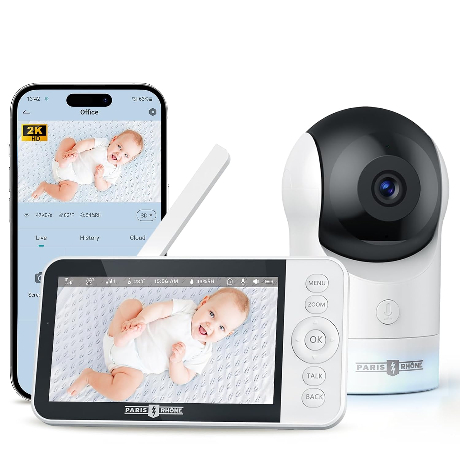 PARIS RHÔNE Video Baby Monitor, 2K UHD WiFi Camera, Night Vision, 5” Smart Baby Monitor with App Con