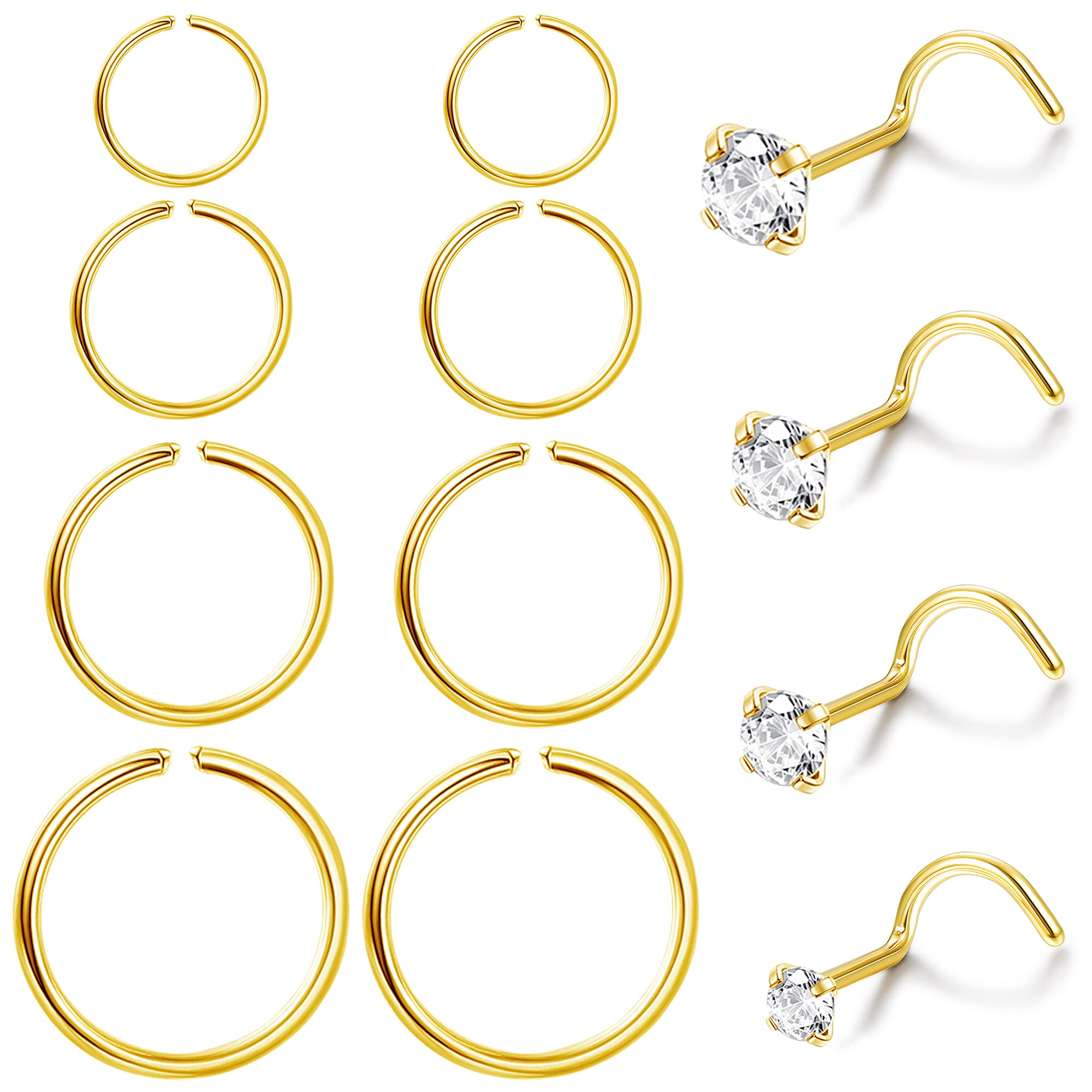 Adramata12 Pcs 20G Piercing Nariz para Mujer Hombre G23 Titanio Nariz Piercing Cartílago Helix Tragus Piercing Oreja Nostril Anillo Hipoalergénico Oro Plata Nariz Piercing Joyería