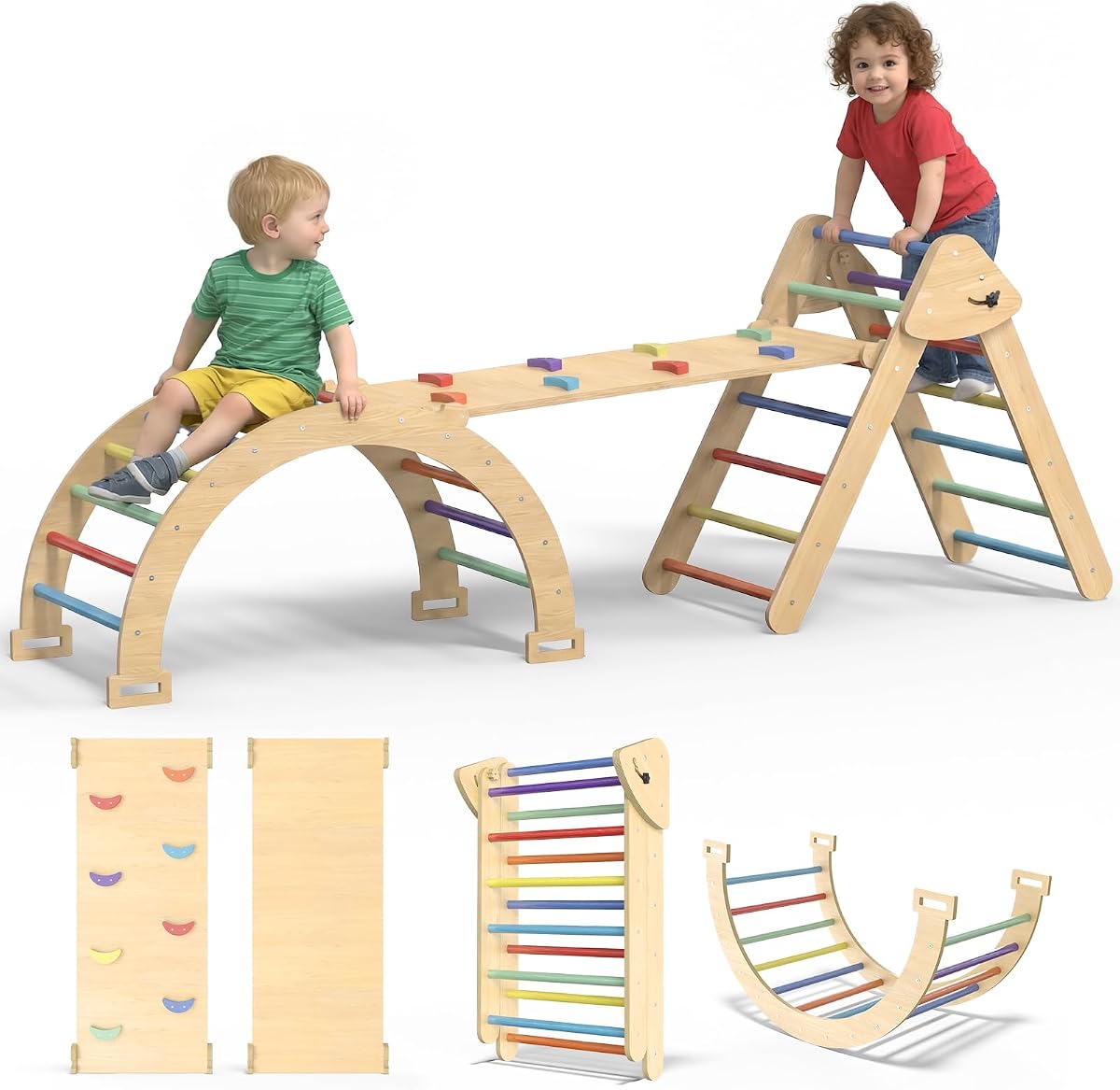 Large Pikler Triangle Set, 7-in-1 Toddler Climbing Toys Indoor, Wooden Montessori Climbing Set with Arch Ramp Ladder, Foldable Baby Jungle Gym Playground (Rainbow)